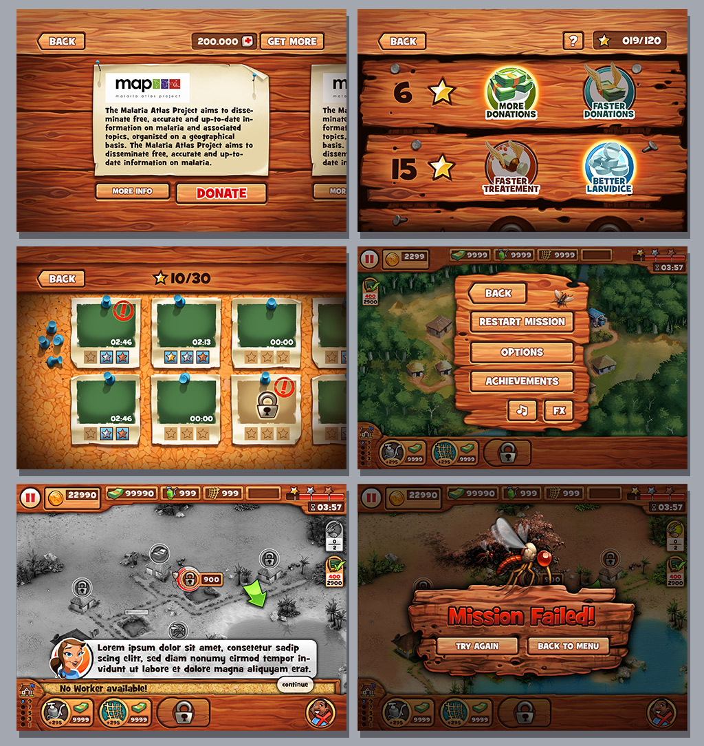 Verschiedene Seiten des User Interface tür das mobile game OUTBREAK RESPONDER