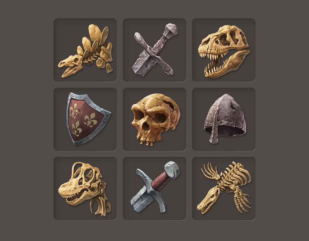 Icons vonDinosaurierskeletten und mittelalterlichen Rüstungen für das Museum von Aufbaustrategiespiels Anno 1800
