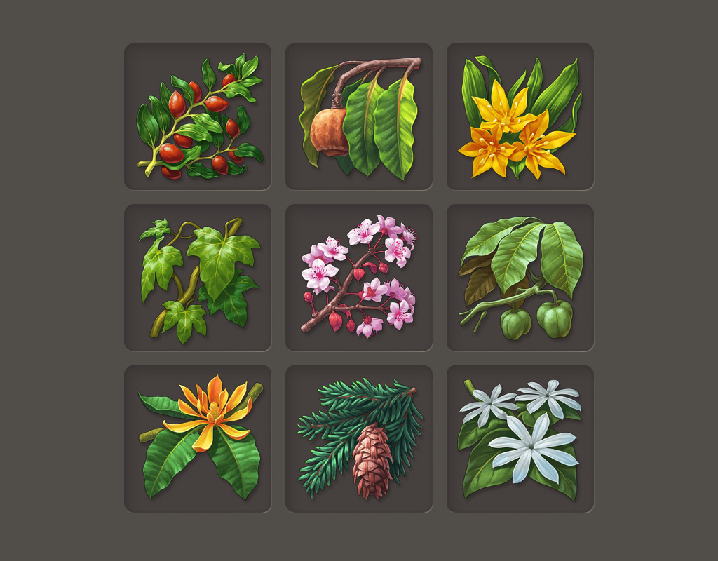 Icons von Pflanzen der Spielerweiterung "Botanica" von Anno 1800