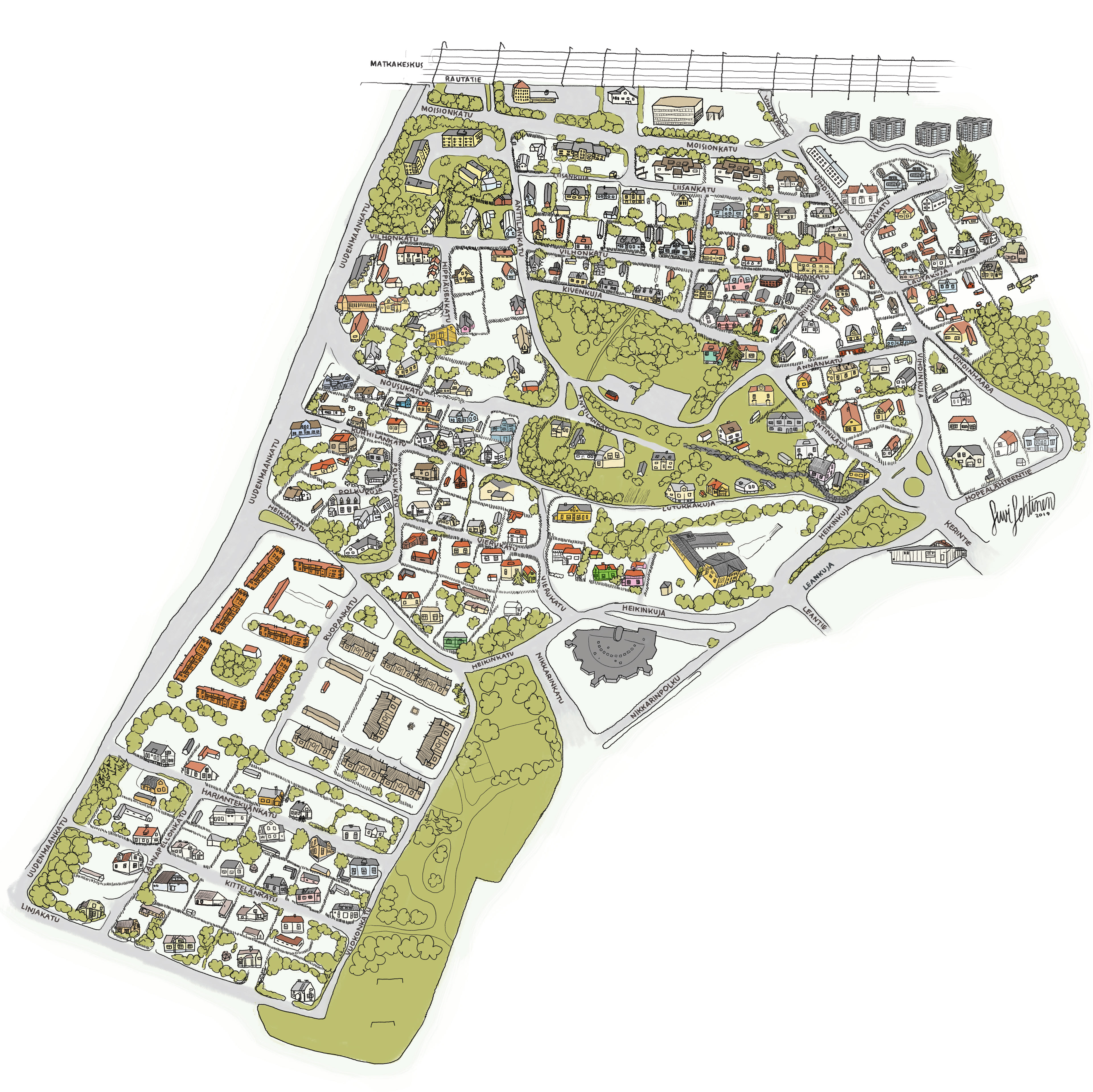 Anttilanmäen Kyläjuhlien kävelykartta. Sisältää jokaisen talon yksityiskohtineen vuodelta 2019.