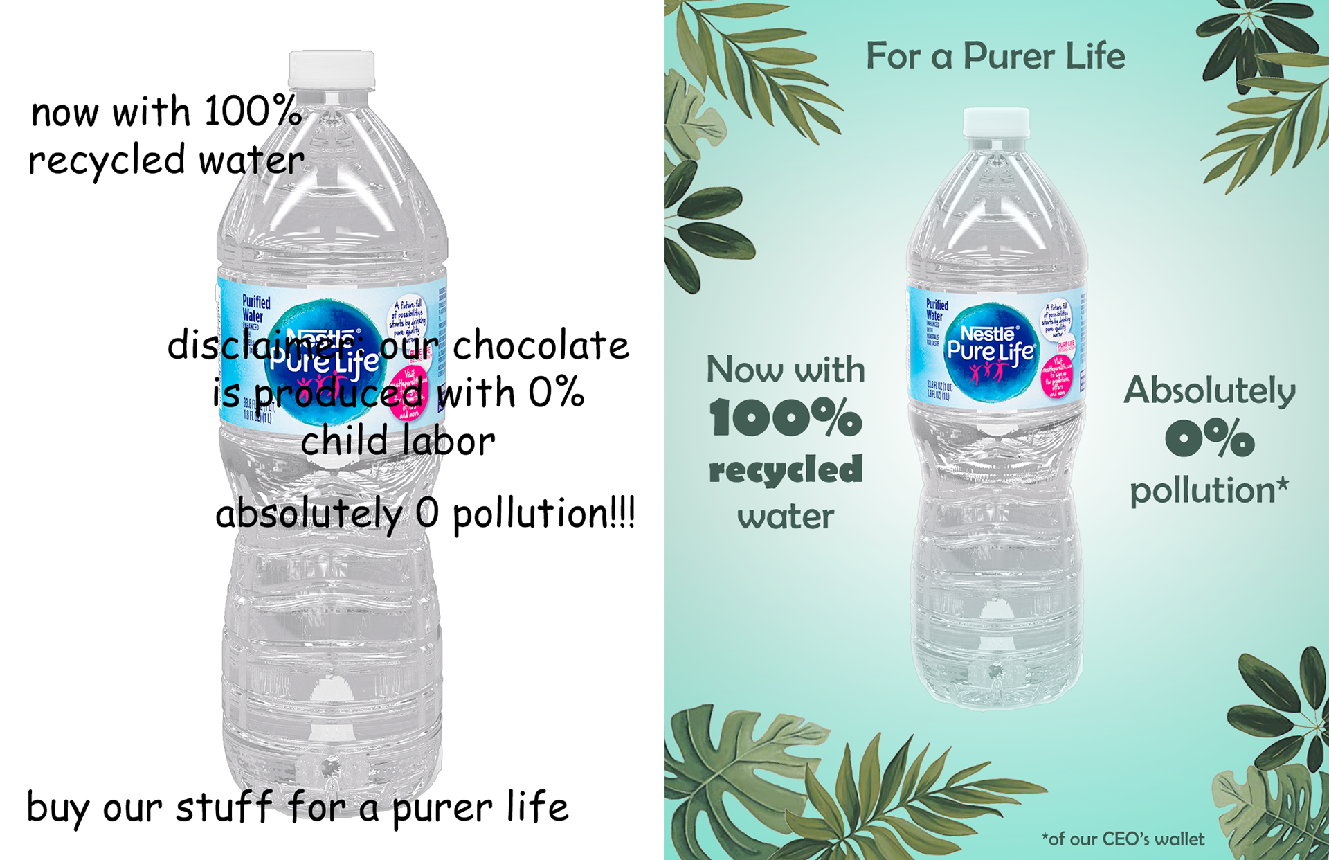Two versions of an original Nestle ad. They both contain the same text. One is created with bad graphic design, and the other uses graphic design to exacerbate its greenwashing.