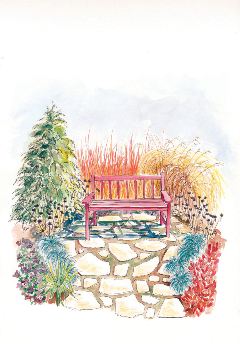 Garden layout illustration for Ornamentals & Edibles magazine.