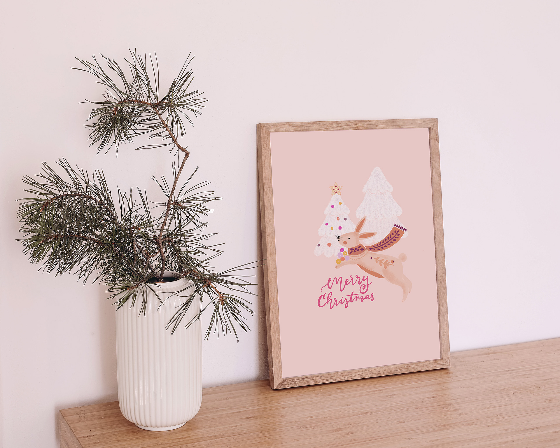 Art Print - Cute Bunny decorating Christmas Tree 