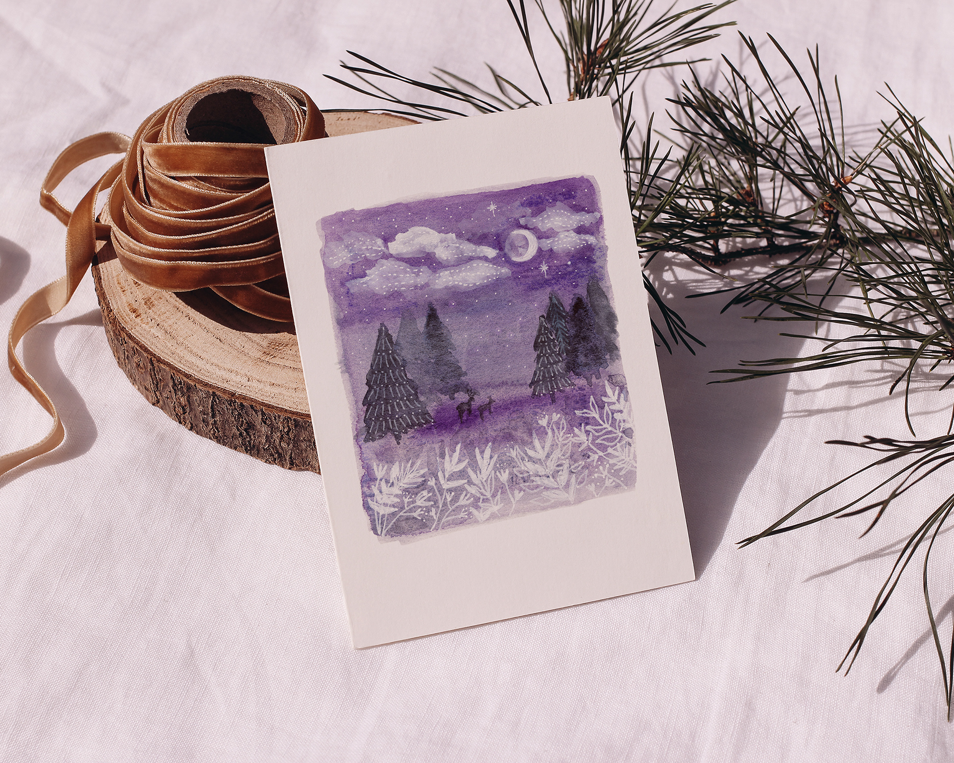 Watercolour Christmas Tree  with deers Greeting Card