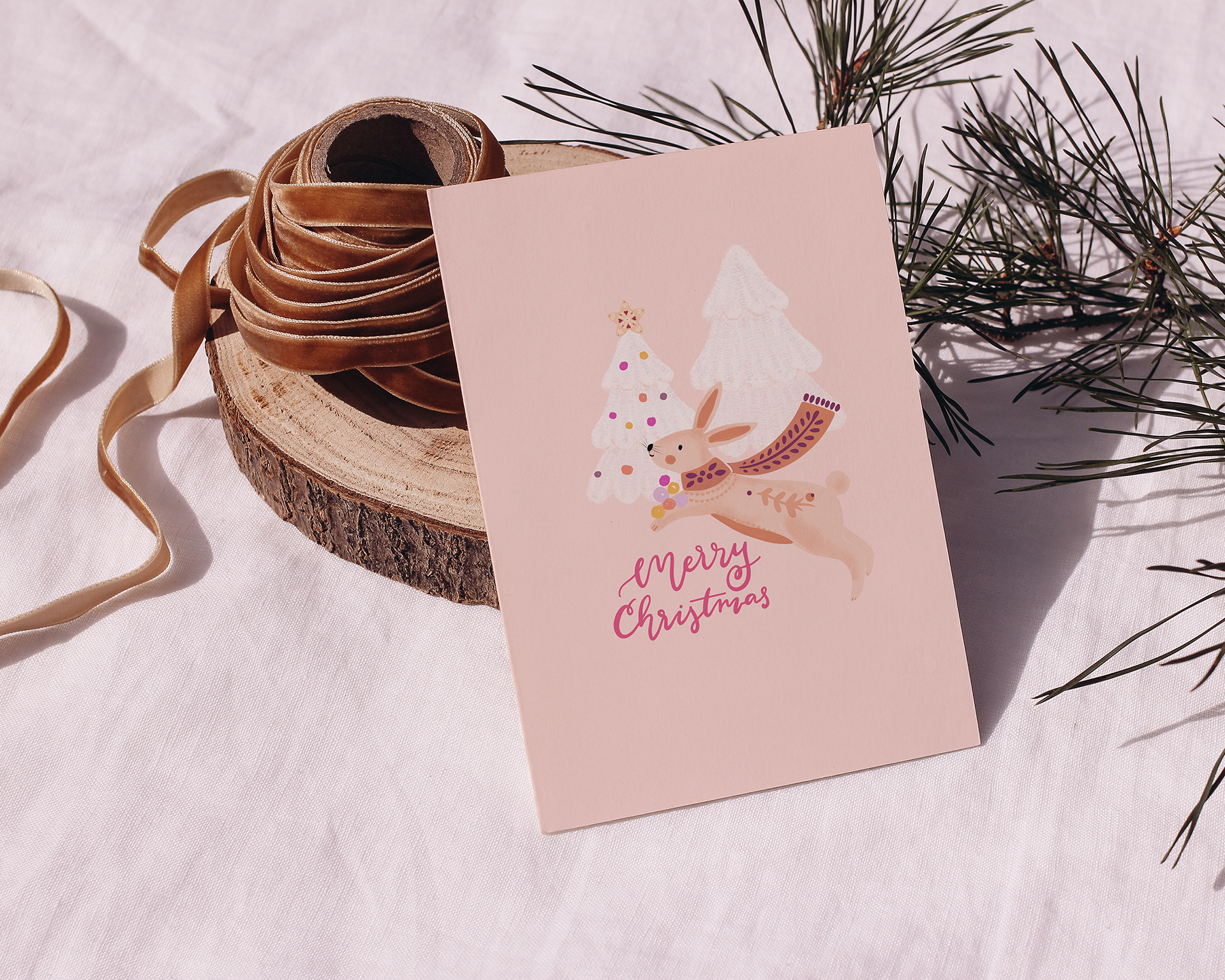 Cute Bunny decorating Christmas Tree - Greeting Card