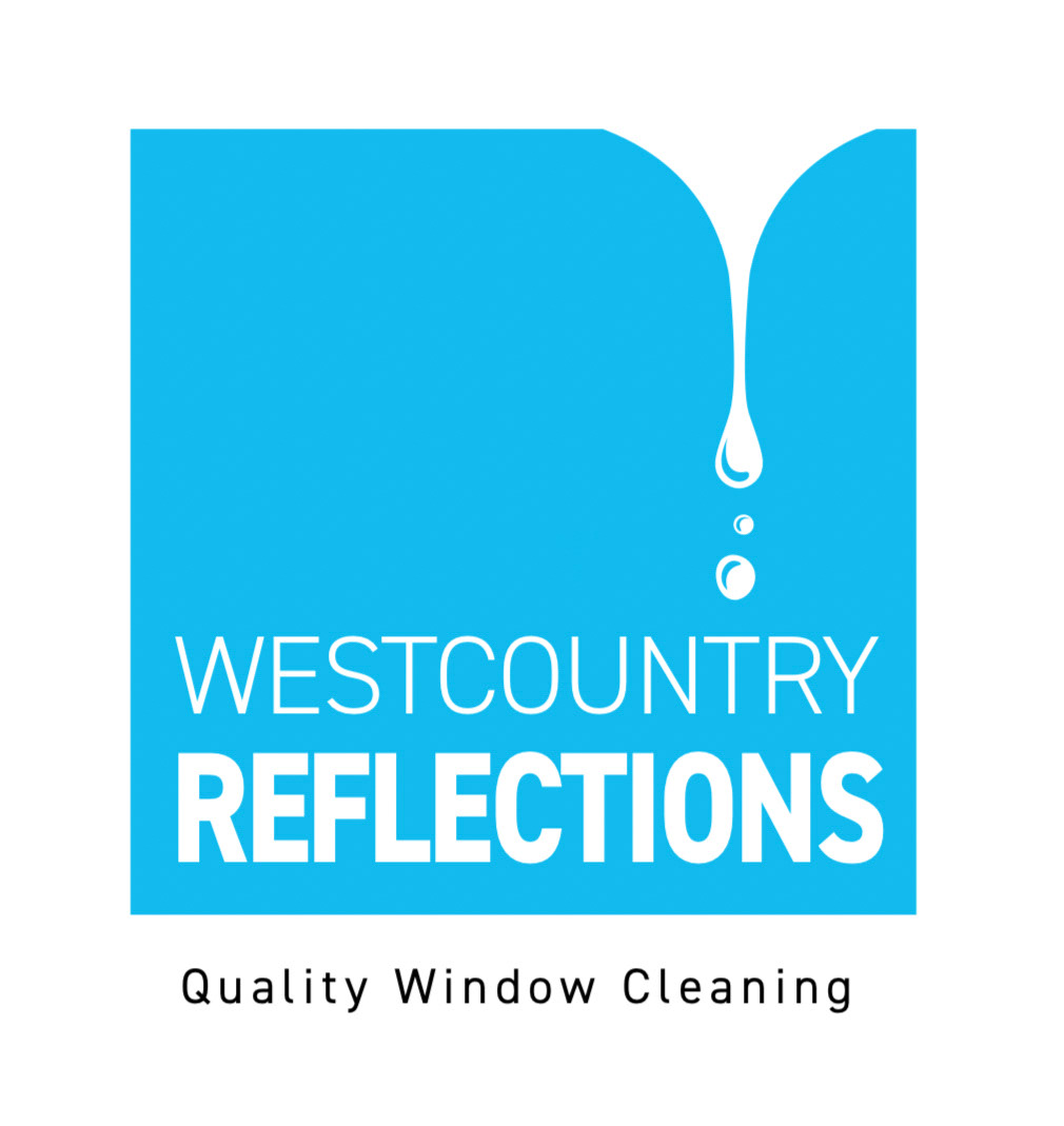 Logo in blue and white with a water drip. Text says "Westcountry reflections Quality Window cleaning"