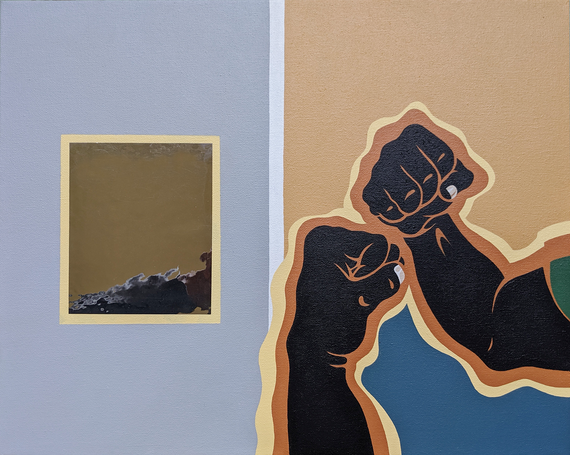 I'm Not A Thug, Sub-Title: But I Will Defend Myself, Acrylic & Silver Foil on Canvas 16 x 20, 2019