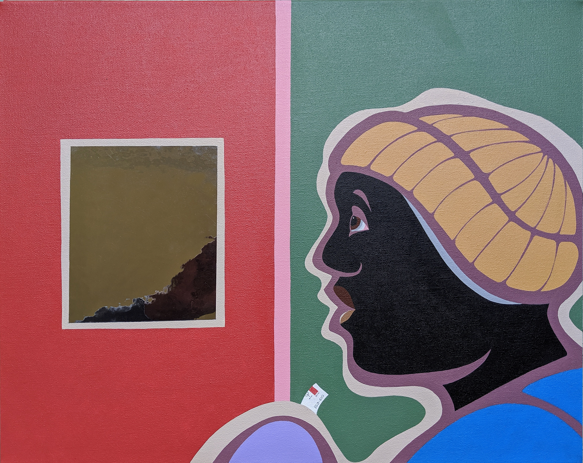 Stop Following Me, Sub-Title: Department Store, Acrylic & Silver Foil on Canvas 16 x 20, 2019