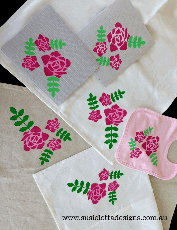 Roses Design on linen, tea-towels, dishcloths and cushion covers.