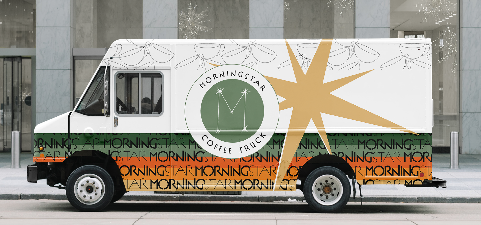 The driver’s side of the truck grabs attention immediately with an easily readable logo and star iconography. The starburst shape extends to the top of the truck, and the pattern strips on the top and bottom wrap around to the passenger side so that the path of the eye is not limited to one side of the vehicle.