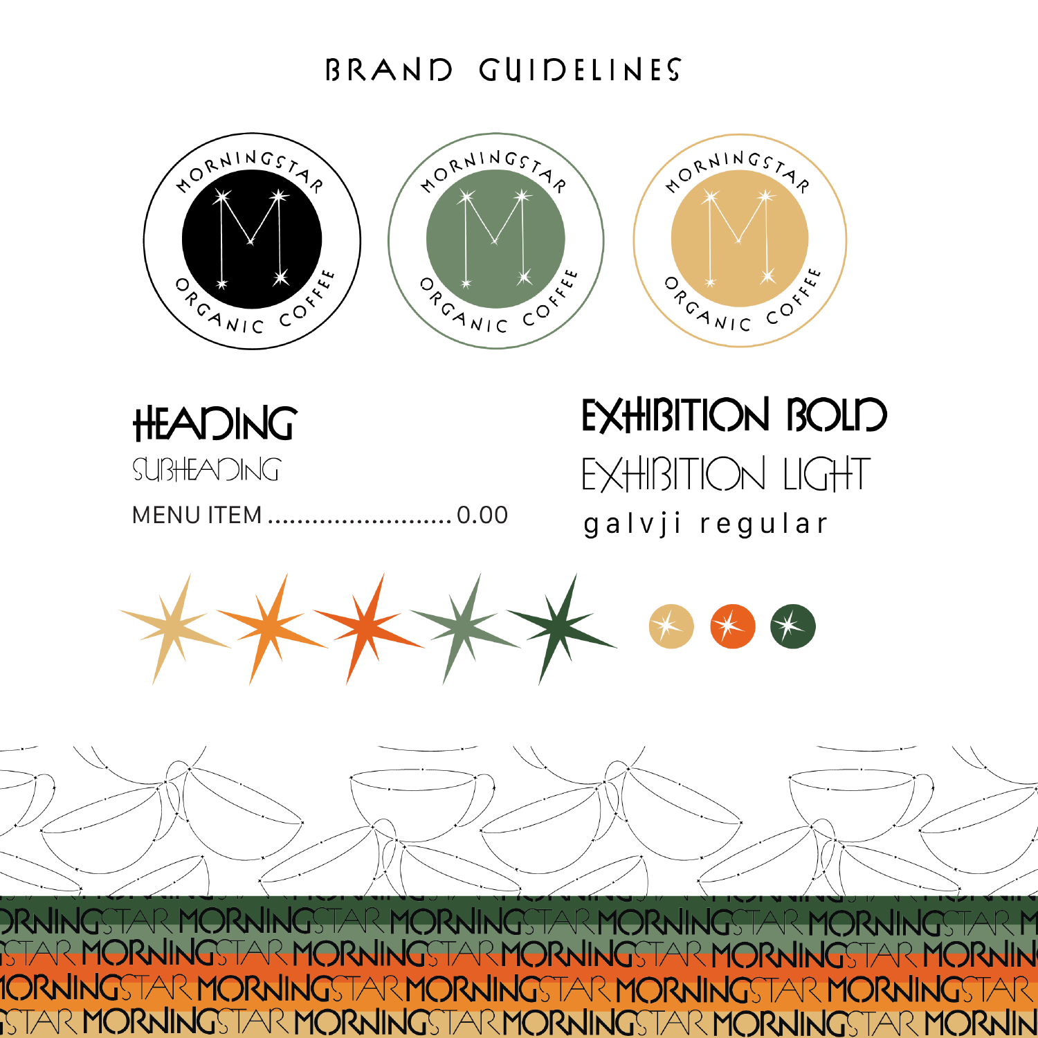 The final Morningstar Coffee brand guidelines use a range of warm, earthy tones to place emphasis on the natural origins of the company’s coffee blends. Creating a constellation pattern in the shape of a coffee cup capitalizes on the visual potential of the company name, and a more reserved use of the same concept paired with a quirky display type allows contrast between the badge logo, wordmark, and background patterns.