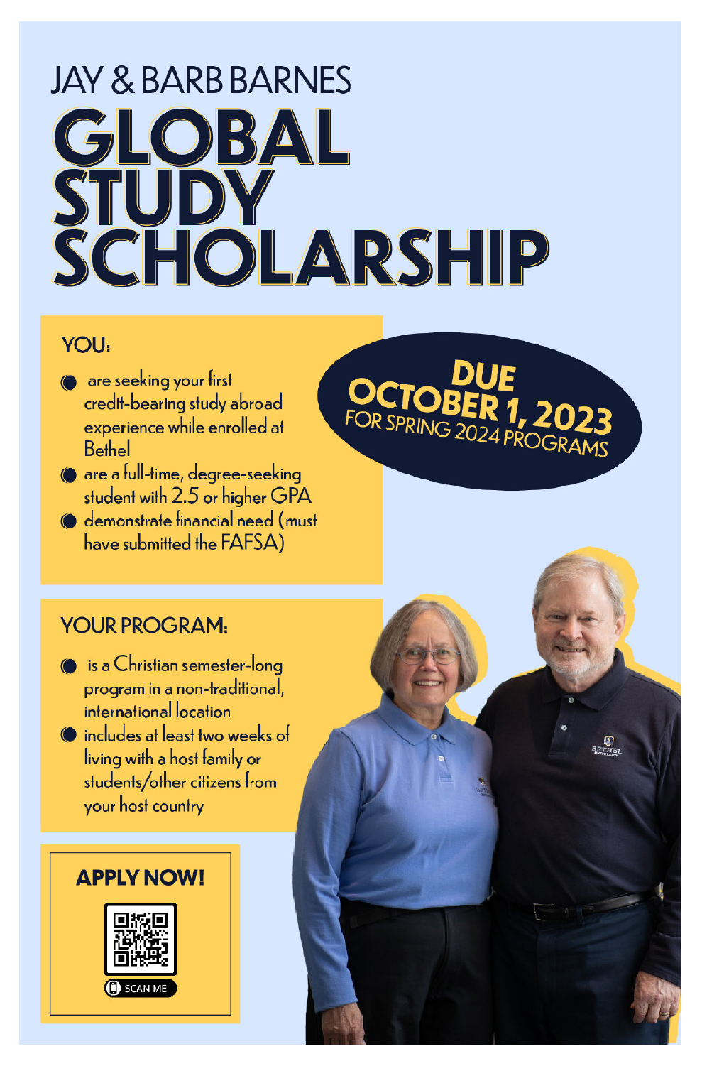 Advertising a new global study scholarship opportunity for Bethel students planning to take a semester abroad via a Christian program in a non-traditional, international location.