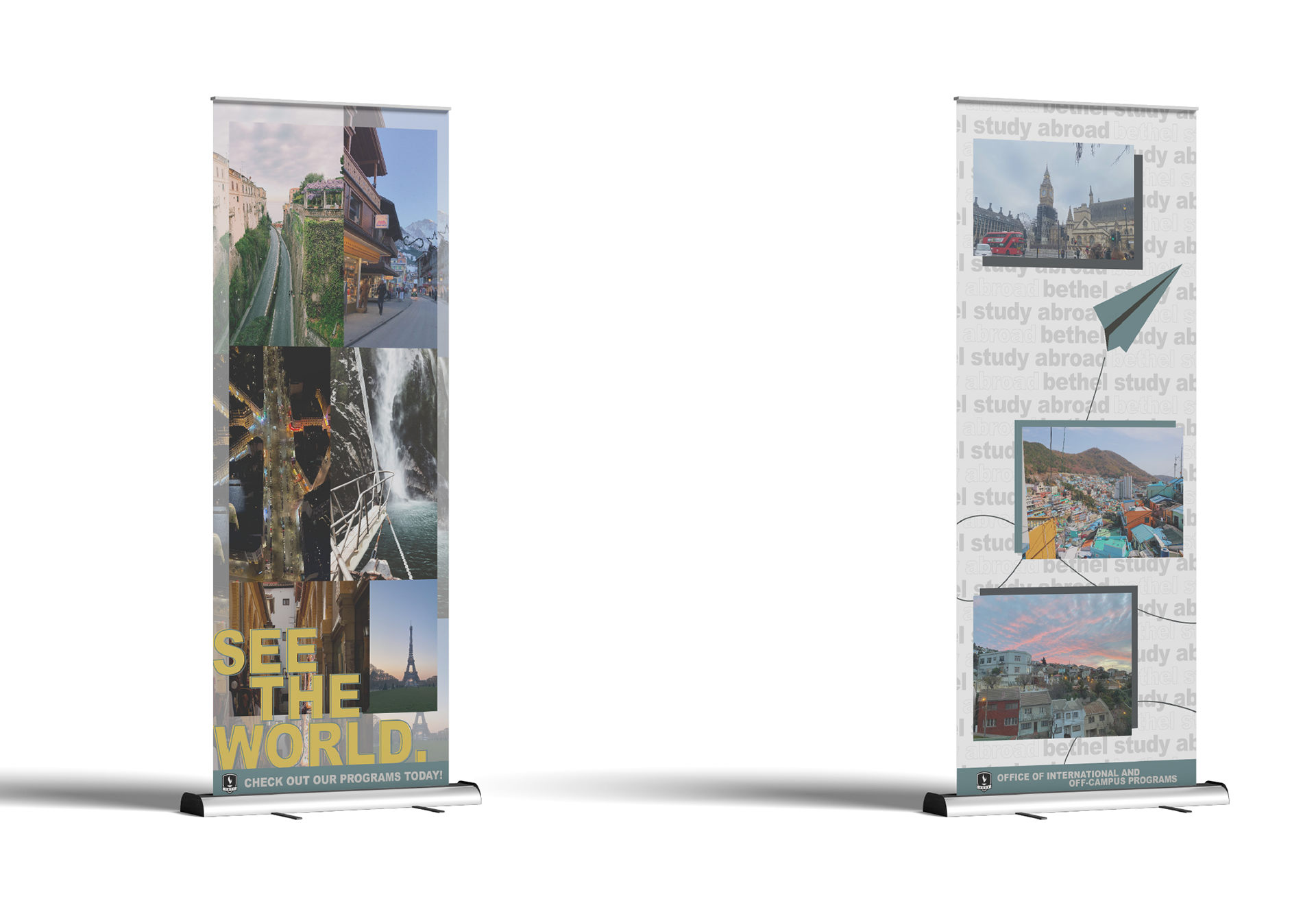 These retractable banner stands can be displayed at any event relating to studying abroad, and the footers not only link each banner together but represent both the office and the university itself. The banners showcase images taken by Bethel students during their time abroad.