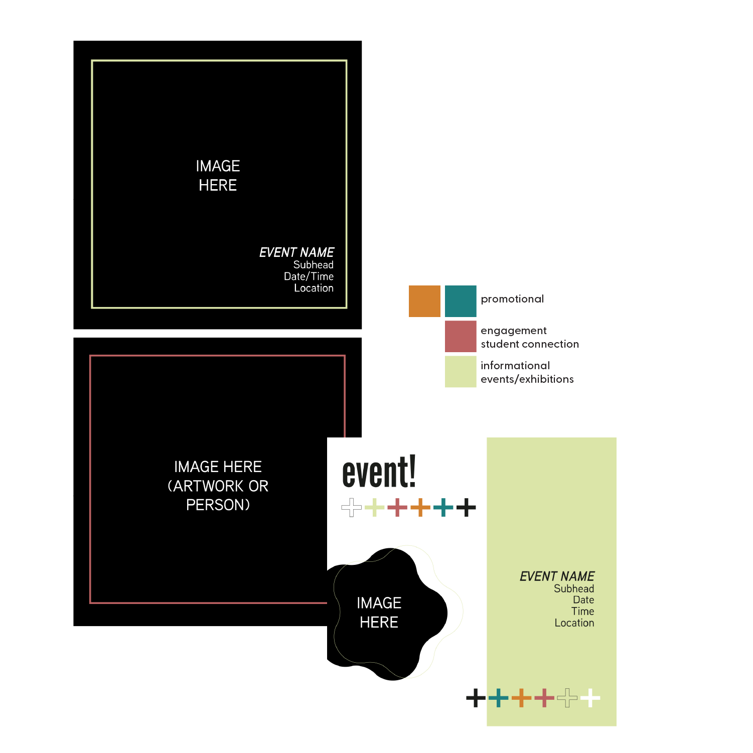 These templates are easily filled in Adobe or Canva, each color or color pair corresponding to a certain facet of Instagram posts. The simplicity of the large square images allows artwork and portraiture to speak for itself while giving details in a straightforward format. The event template allows art students to keep track of the functions they must attend throughout the semester while keeping attendance open to the broader audience.