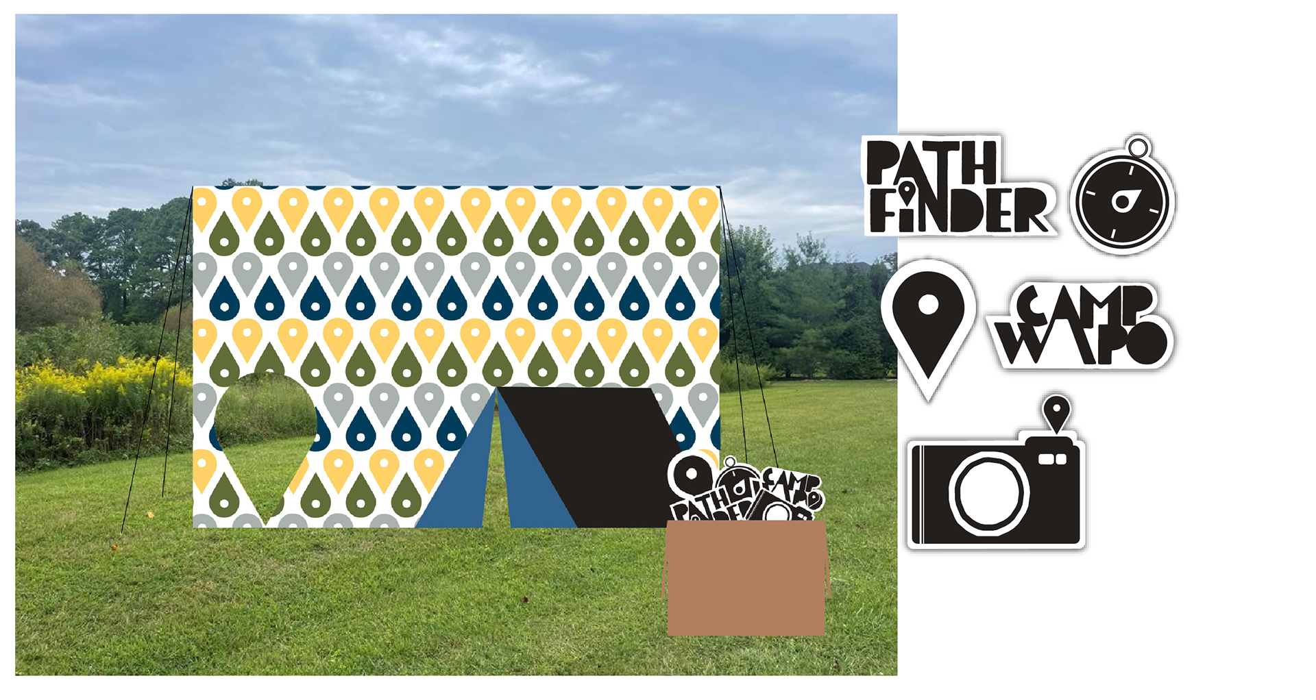The vinyl-printed photo background has cutouts for campers to pose behind, and the props are once again painted cardboard cutouts. The vinyl is mounted on a pole frame and staked to the ground. The use of cardboard makes these experiential design options easy to implement and affordable.