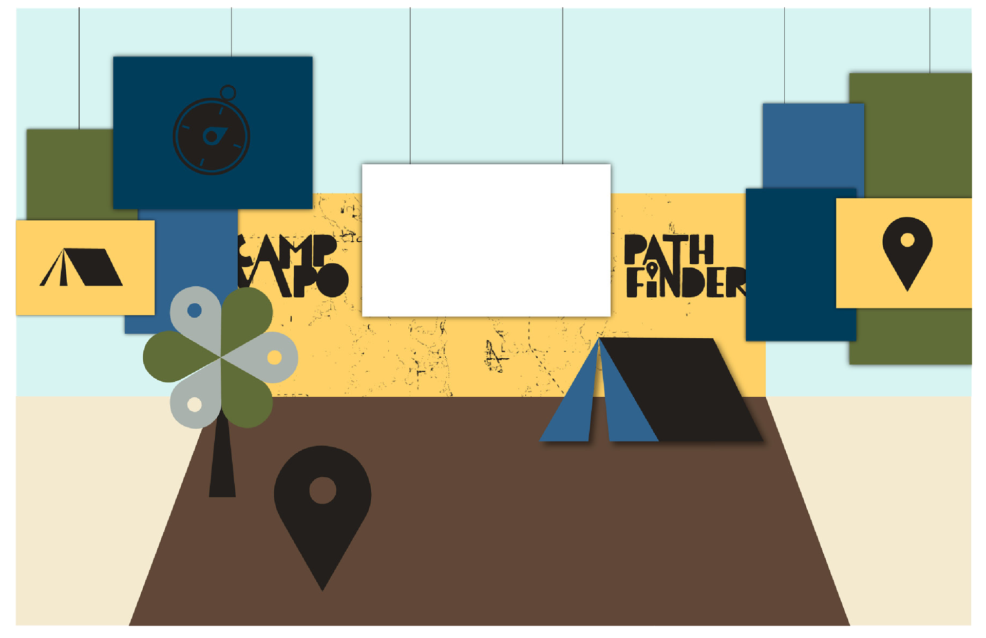 The main stage space is designed with hanging painted cardboard. The back wall consists of a vinyl print showcasing a map of the lake, the camp logo, and the theme icon. The items in the foreground represent more painted cardboard cutouts that free-stand as props for skits. In the center, there is a designated space for the projection screen that displays song lyrics and images.