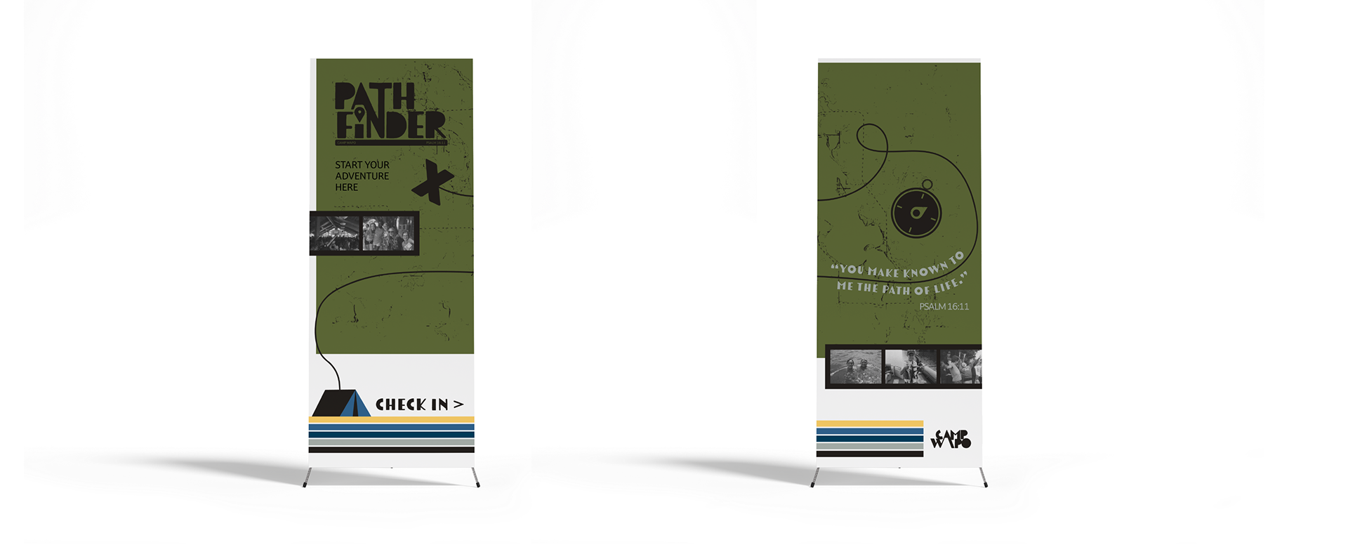 These banner stands are designed to be placed at check-in and registration tables, directing campers and families to the appropriate areas while comprehensively introducing the summer’s theme.