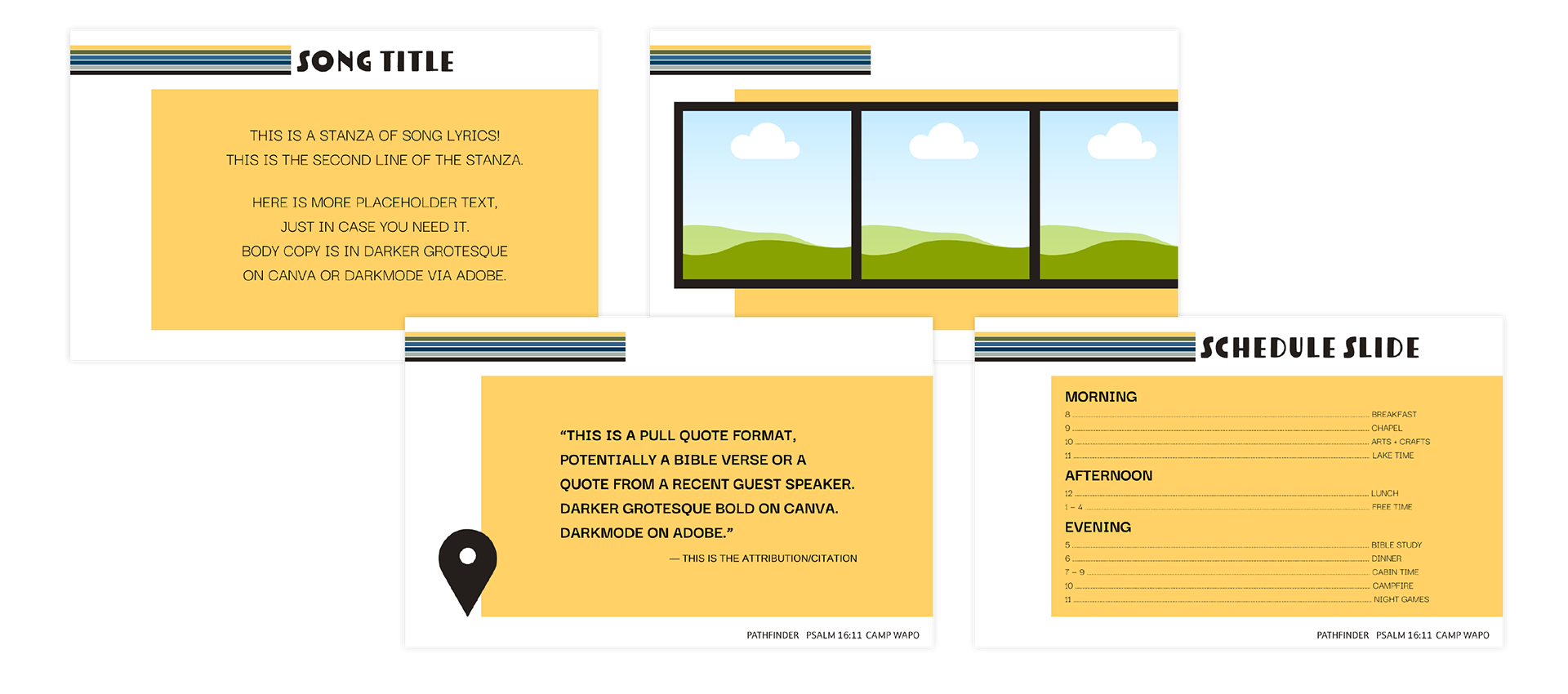 These slide templates, intended for the projection screen shown in the stage design, are designed in InDesign but can easily be input into a 1280 x 800px Canva presentation. This makes slides easily customizable for those and without access to Adobe Creative Suite. Darker Grotesque is a free alternative sans serif typeface accessible in Canva.