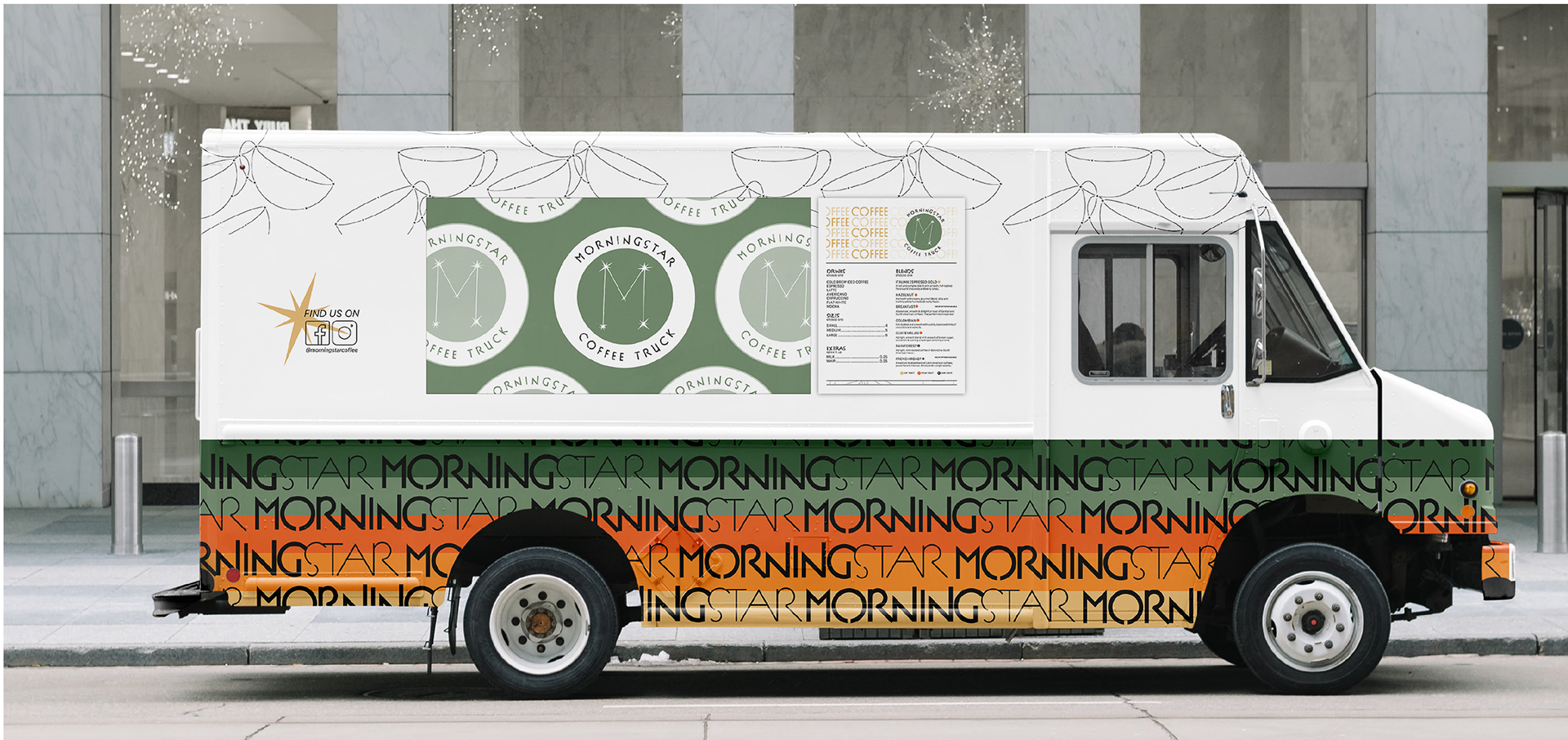 The passenger side includes social media information so that those whose interests are peaked by the passing truck know where to go for more information. The fold-up flap that serves as the order window has a pattern that adds to the truck’s appearance when closed but is not vital, so no impact is lost when the window is open. The menu is enlarged and mounted beside the window for ease of ordering.