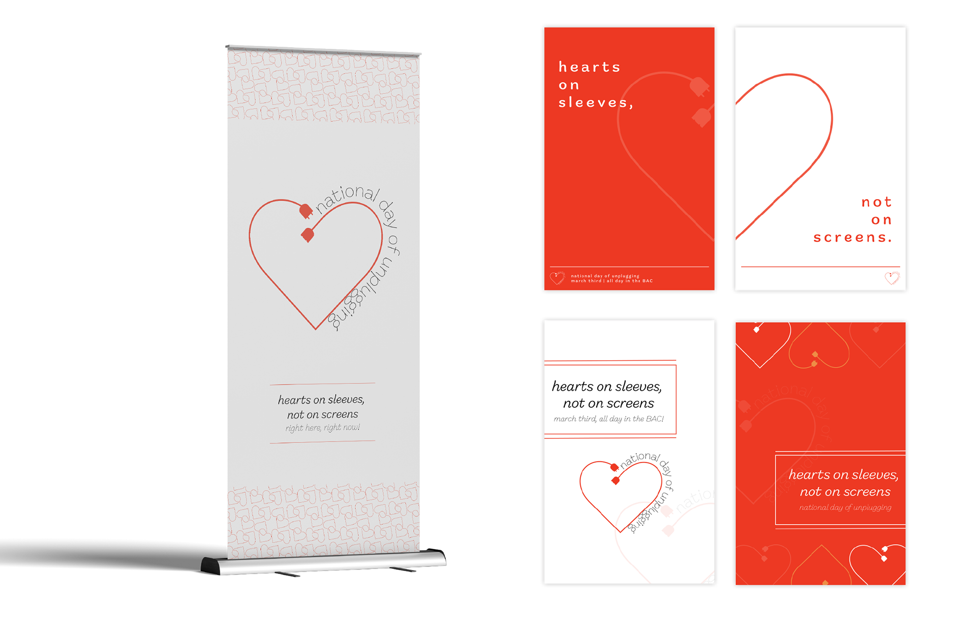 These posters function in pairs, but when placed alone still draw attention and peak curiosity. They use a minimal color scheme to implement a recognizable brand, giving only the information necessary. The banner stand can be placed anywhere near tabling or the display wall during the event.