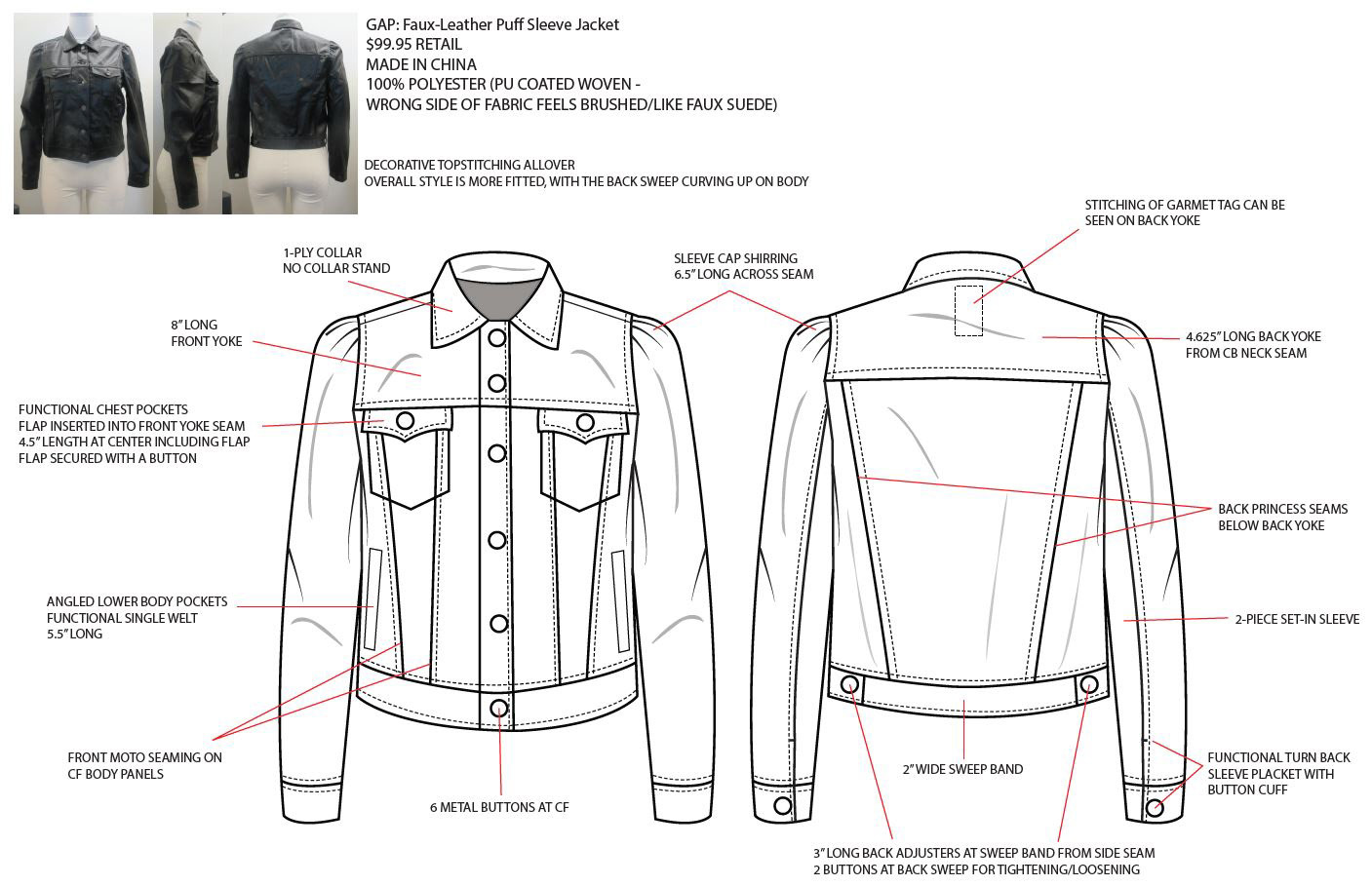 Tech flat and design intent for faux-leather puff sleeve jacket comp sample. 