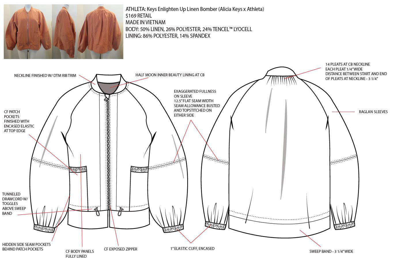 Tech flat and design intent for linen bomber jacket comp sample. 