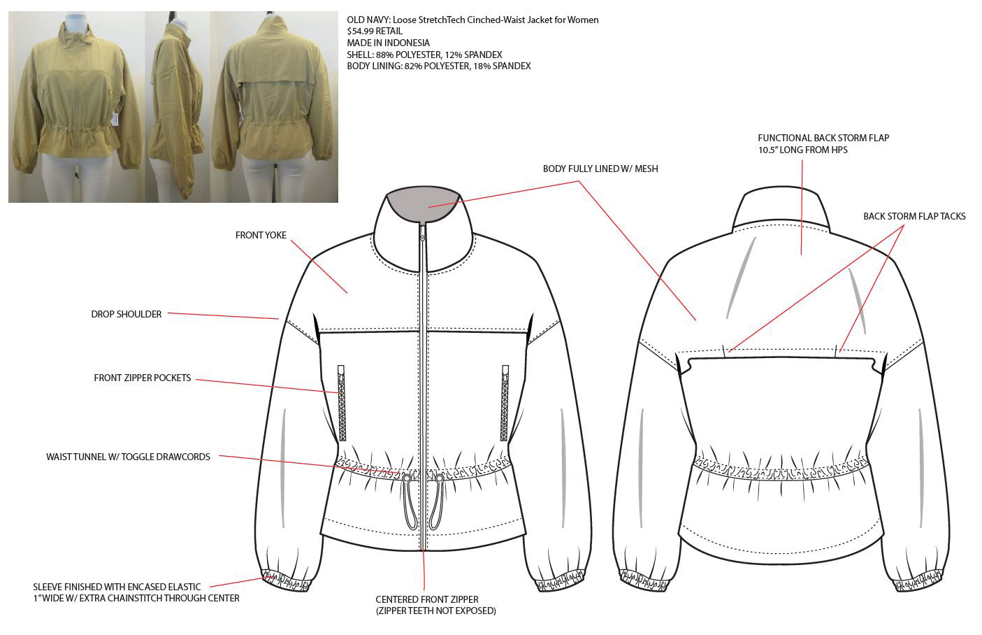 Tech flat and design intent for cinched active jacket comp sample. 