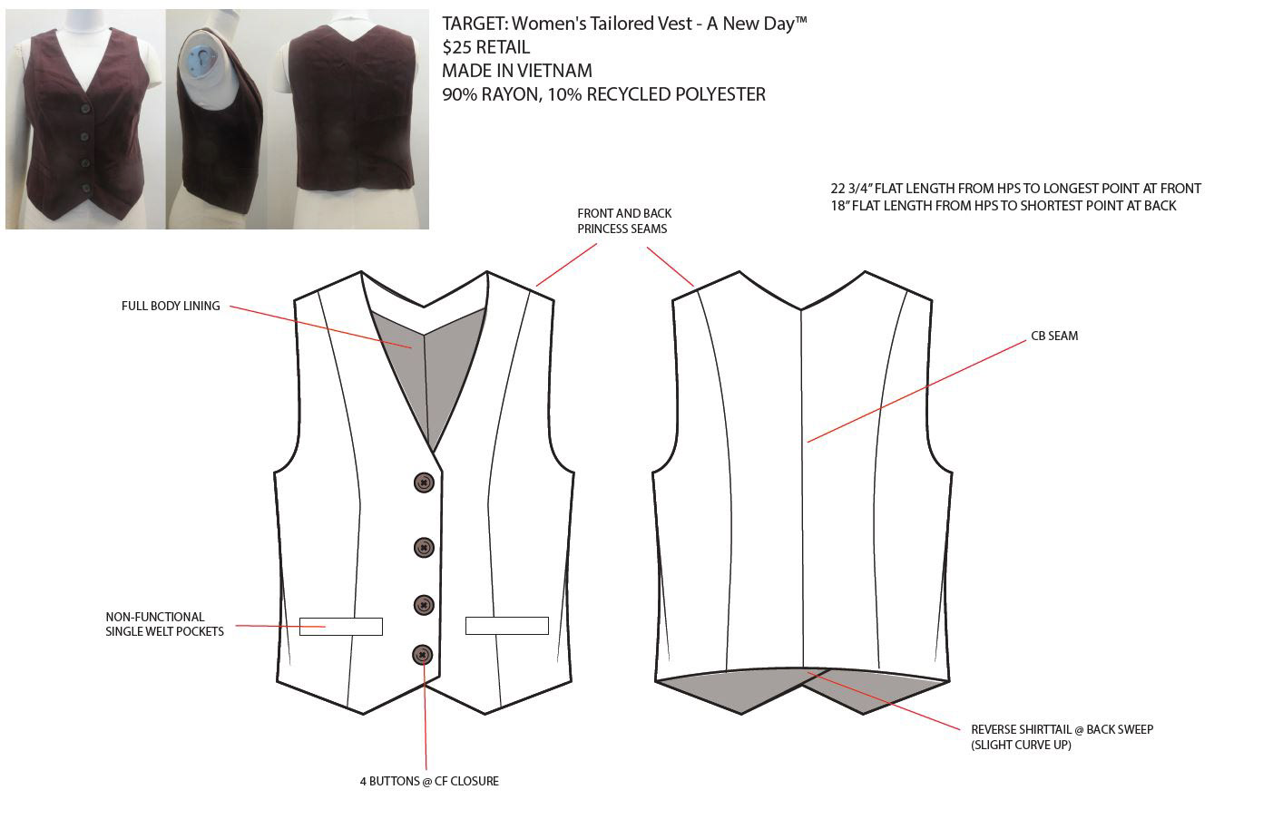 Tech flat and design intent for tailored vest comp sample. 