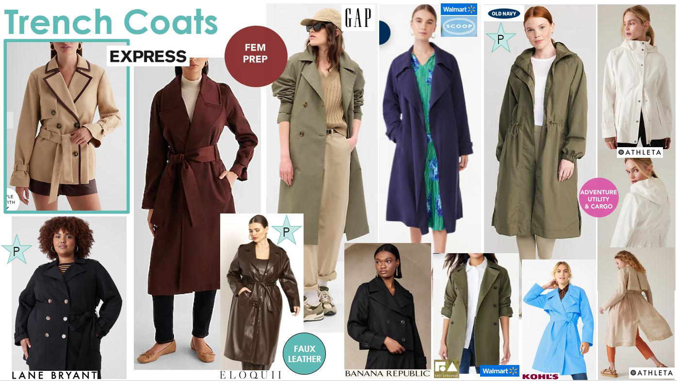 Newness in fabrication: satin, water-resistant fabrics Newness in fit: waist cinching details beyond just a separate belt.