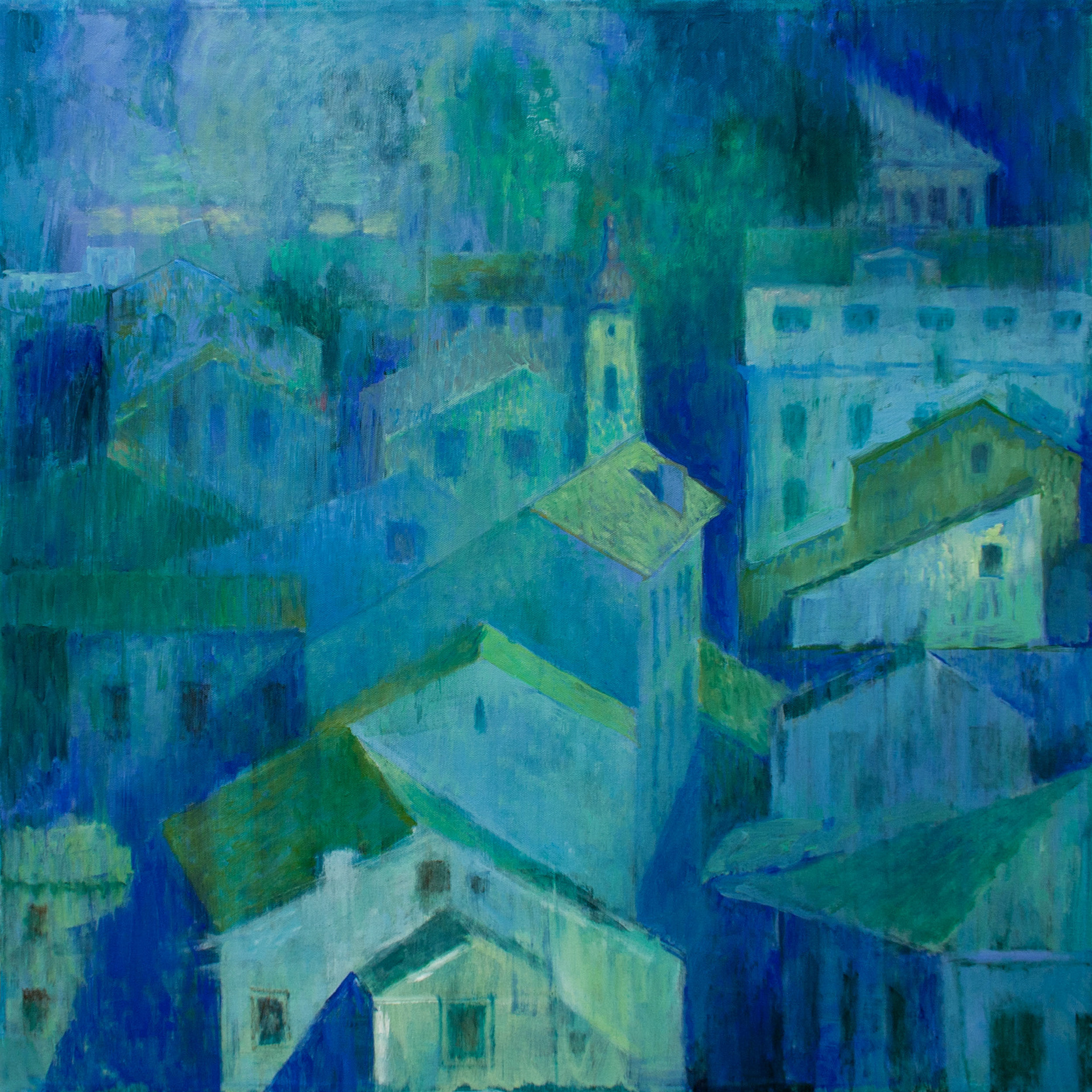Corfu at dawn. Corfu, Greece. 2014. Oil on canvas. 30 x 30 inches, (76.2 x 76.2 cm)