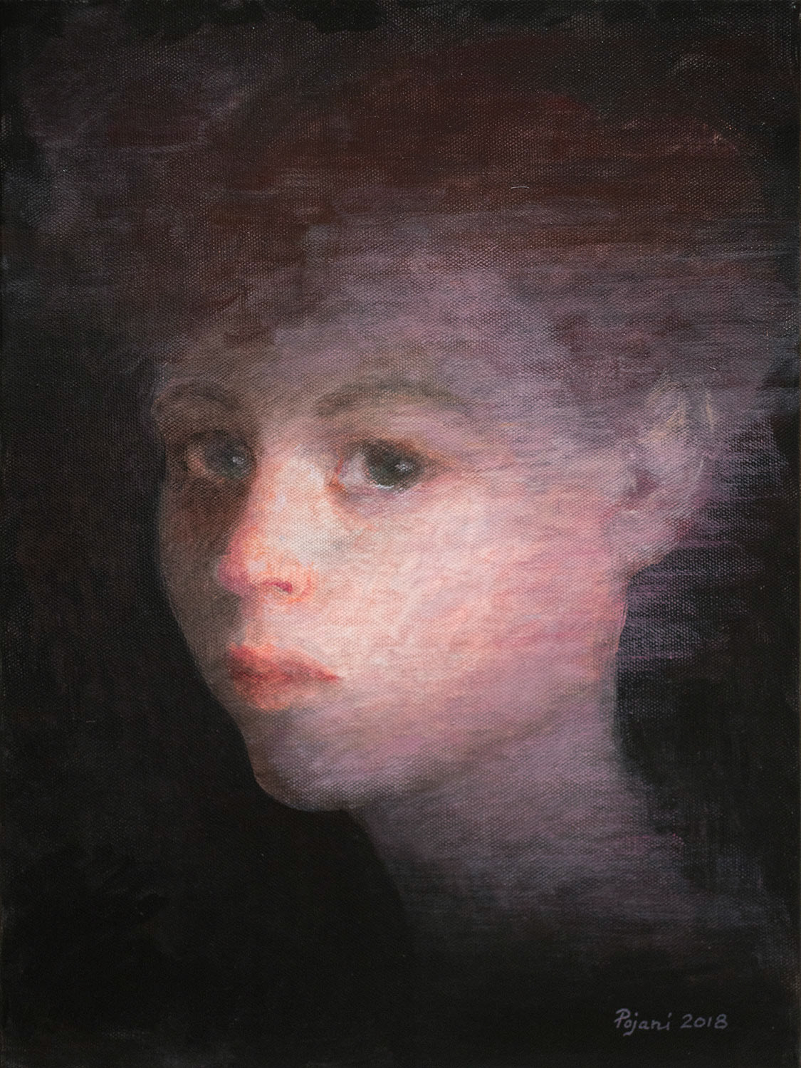 Semi profile chiaroscuro. 2018. Acrylic on canvas, 16 x 12 x 1.3 in, (40.6 x 30.4 x 3.4 cm).