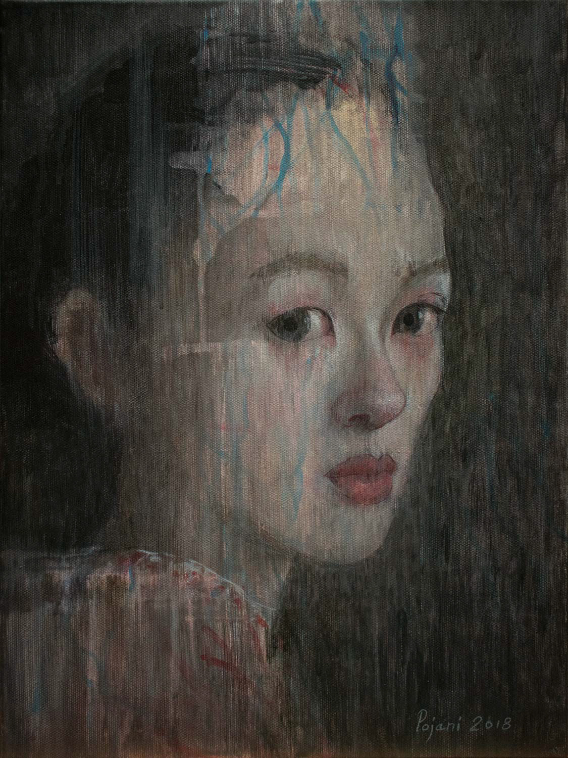 Trav'ling lady, stay awhile until the night is over... (after Leonard Cohen’s song "Winter Lady" lyrics). 2018. Acrylic on canvas, 16 x 12 x 1.3 in, (40.6 x 30.4 x 3.4 cm)