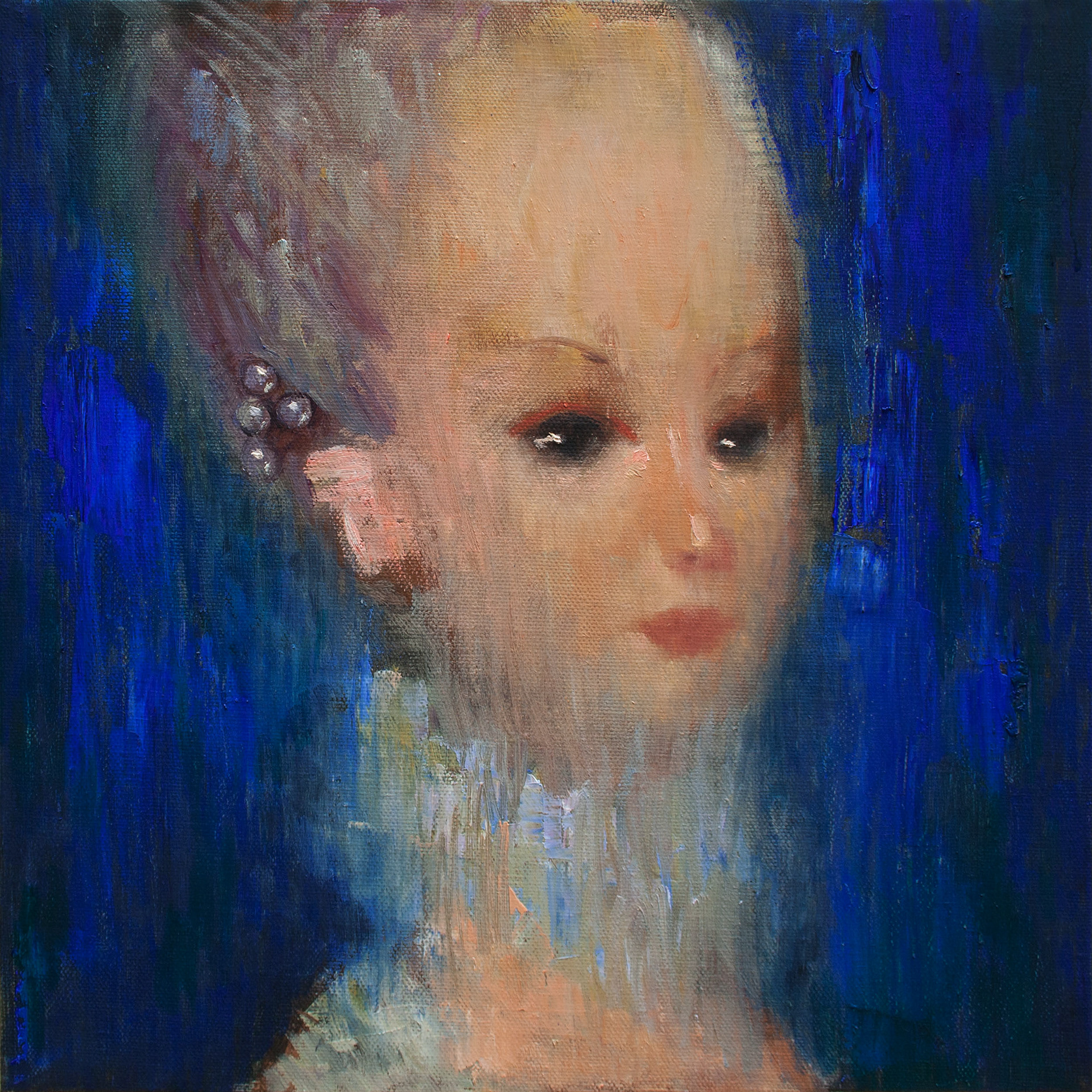 Woman in the Marie Antoinette style, 2014, oil on canvas. 12 x 12 inches, (30.5 x 30.5 cm)