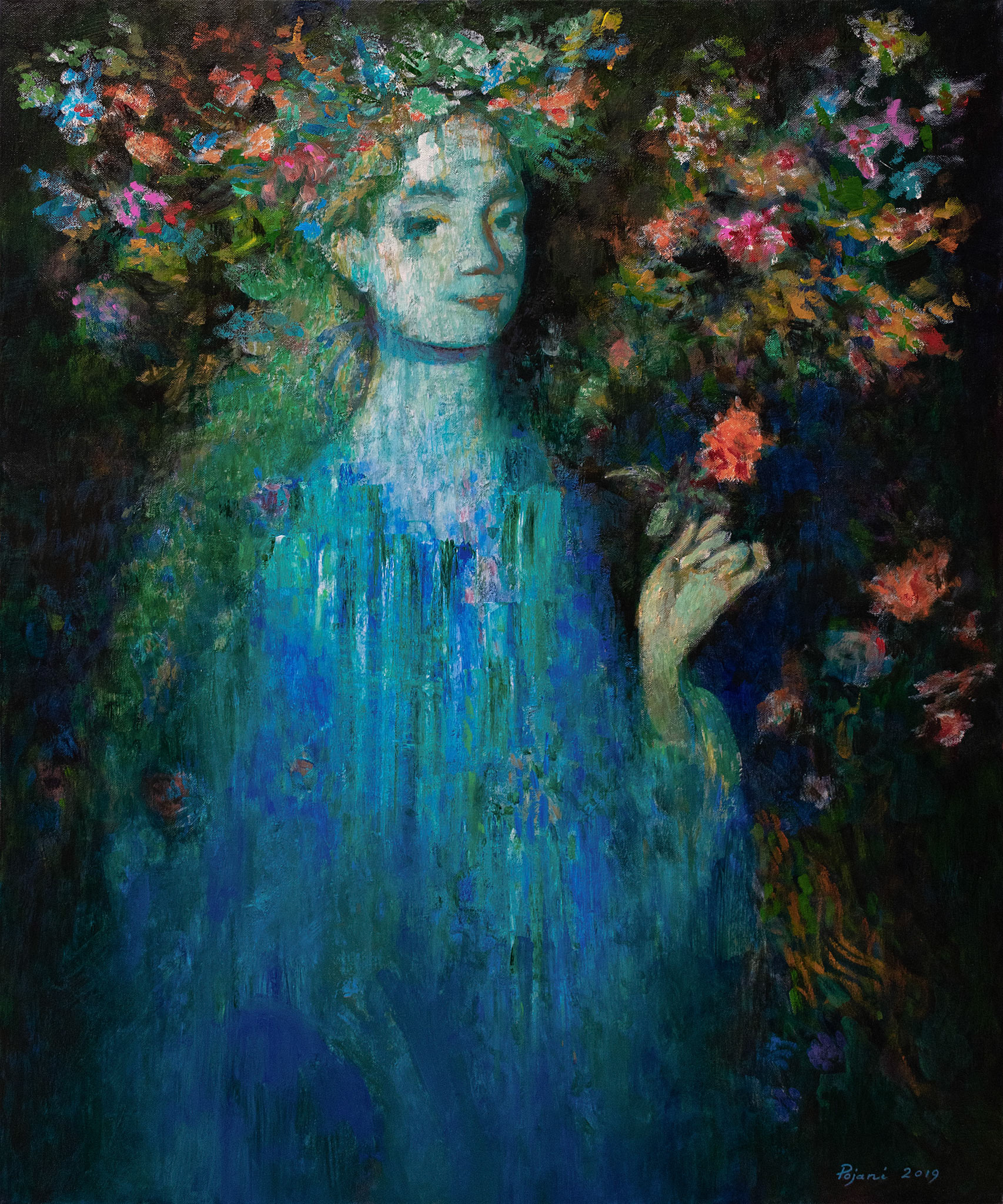 Goddess Flora. 2019, oil on canvas, 36 x 30 x 1.5 inches, (91.5 x 76.2 x 4 cm). In Roman mythology, Flora (Latin: Flōra) is a Sabine-derived goddess of flowers and of the season of spring – a symbol for nature and flowers (especially the may-flower). While she was otherwise a relatively minor figure in Roman mythology, being one among several fertility goddesses, her association with the spring gave her particular importance at the coming of springtime, as did her role as goddess of youth. She was one of the fifteen deities who had their own flamen, the Floralis, one of the flamines minores. Her Greek counterpart is Chloris. (From Wikipedia)