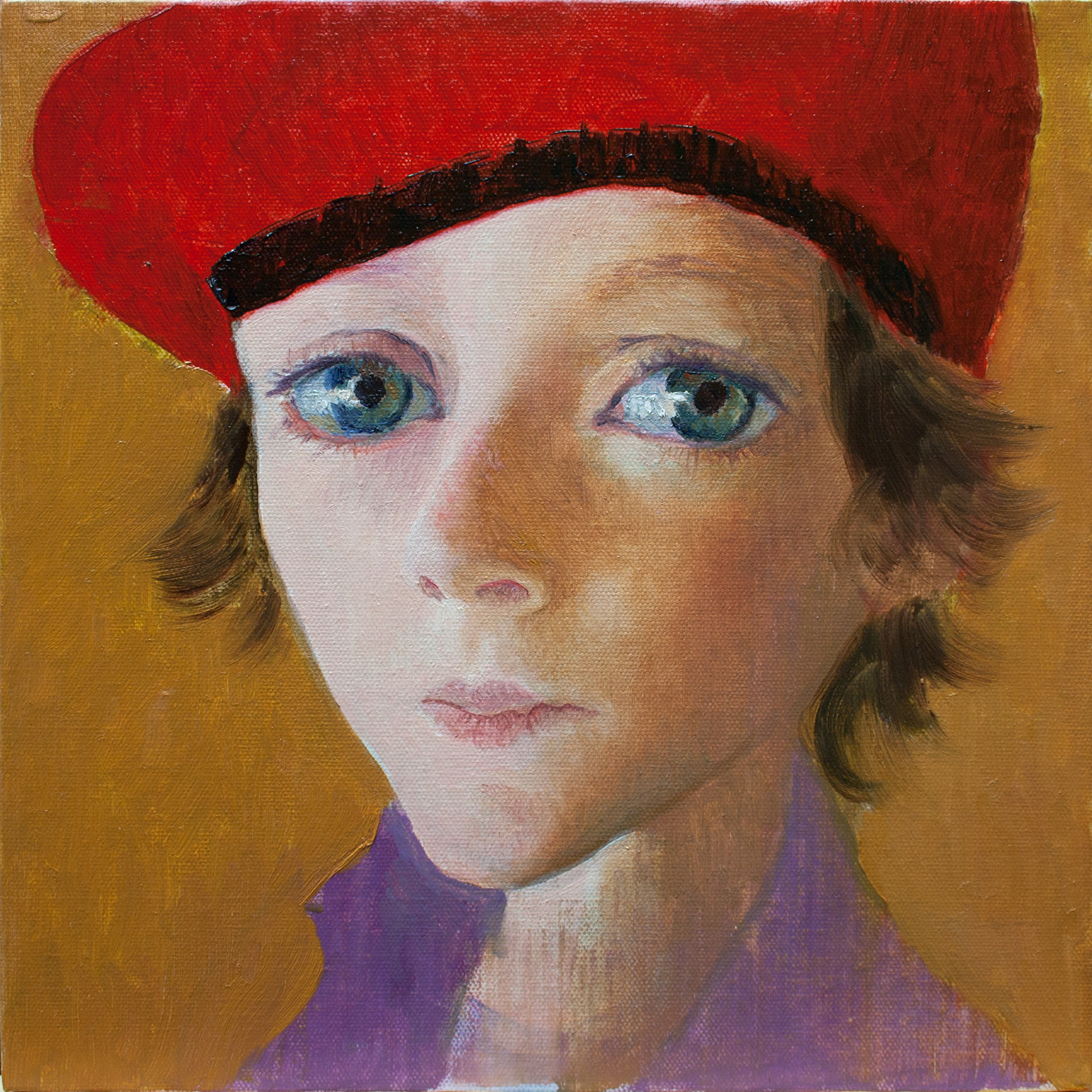 Boy in red hat 2. 2013, Oil on canvas, 12 x 12 inches, (30.5 x 30.5 cm)