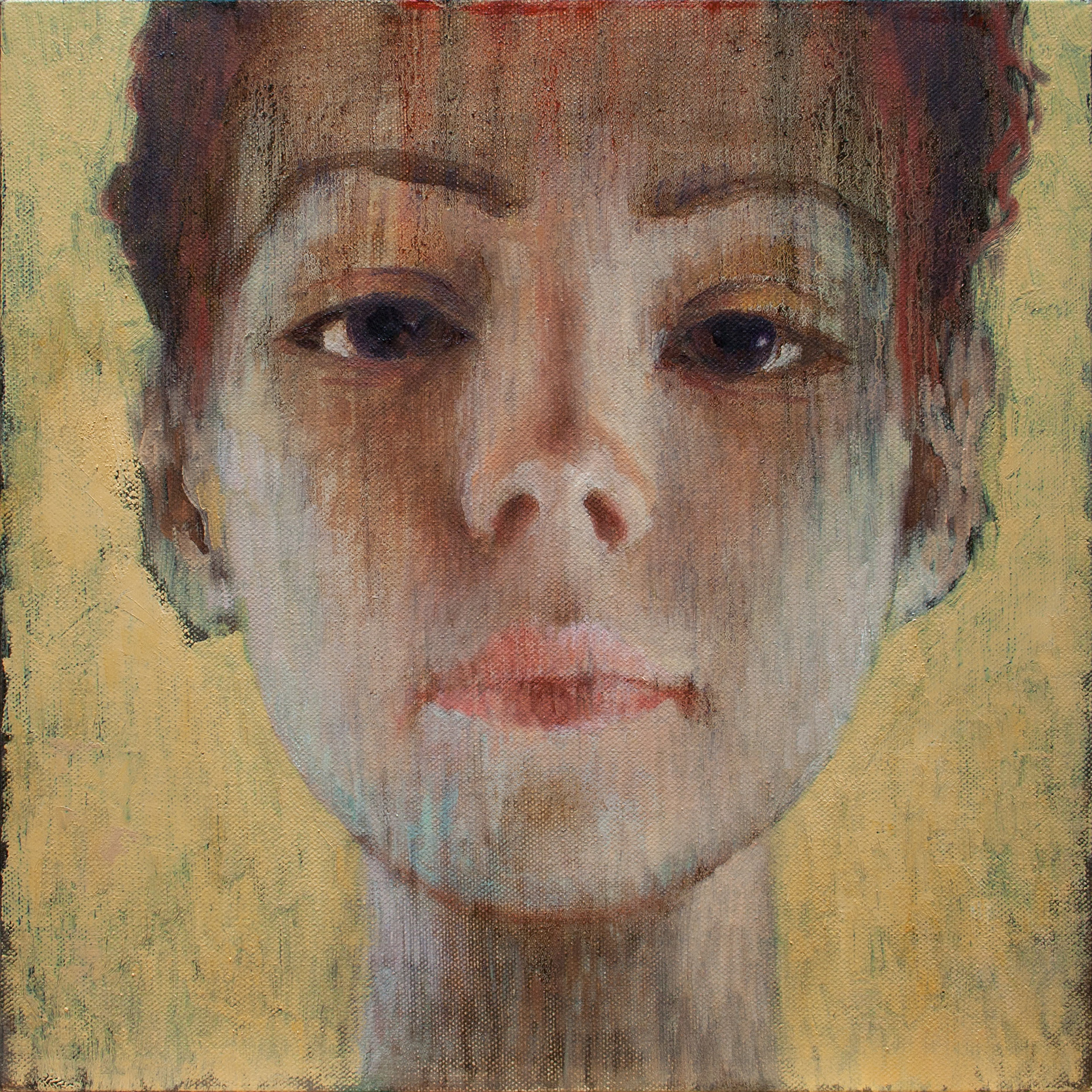 Woman on yellow background 4. 2013, oil on canvas, 12 x 12 inches, (30.5 x 30.5 cm)