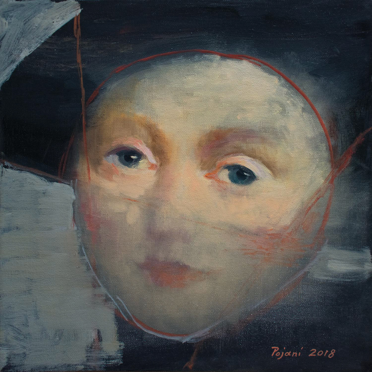 Face, Red Lines, Black Hat. 2018. Oil on canvas. 12 x 12 x 1.4 inches, (30.5 x 30.5 x 3.5 cm)