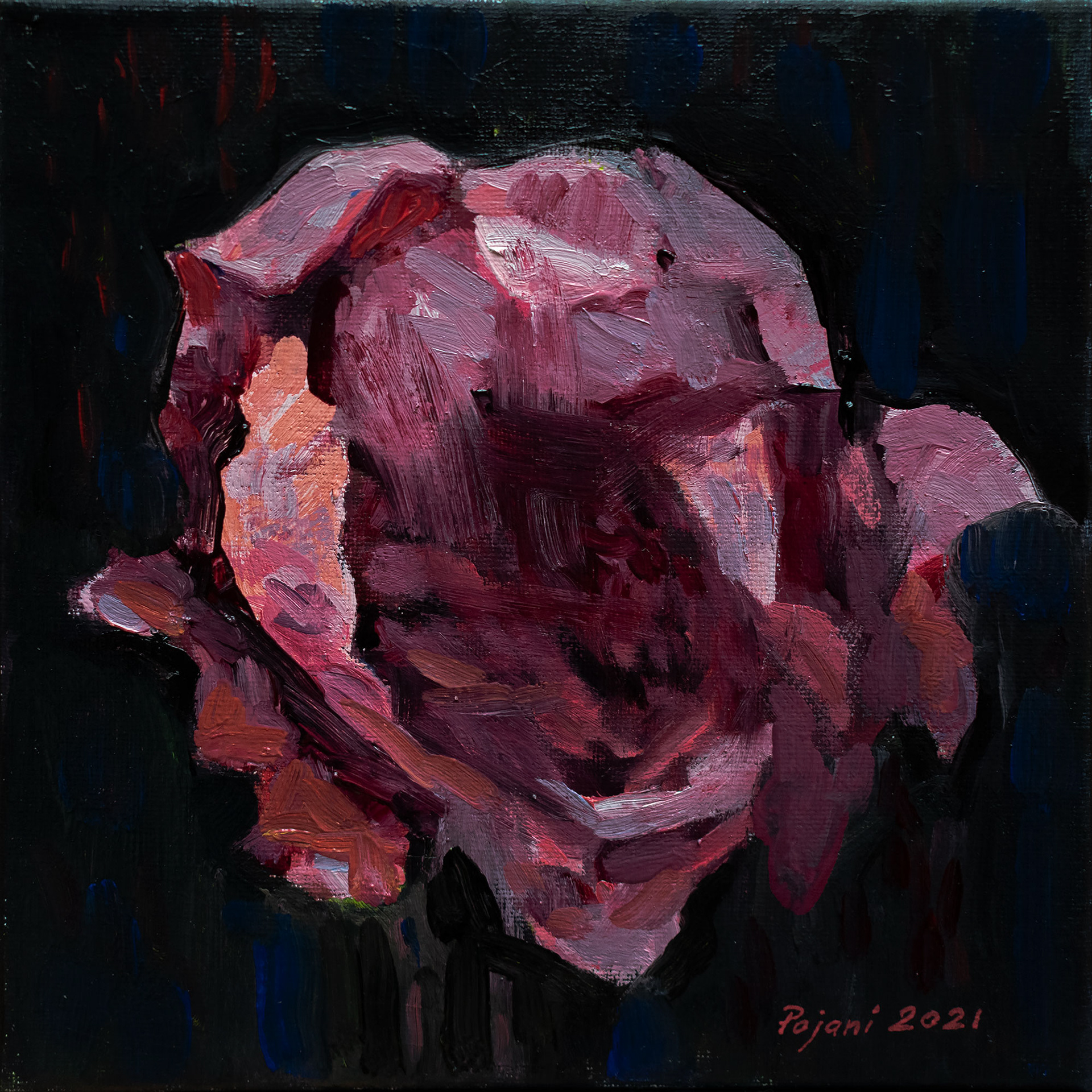 Fading red on black. 2021. Oil on canvas, 8 x 8 x 0.6 in, (20.3 x 20.3 x 1.6 cm)