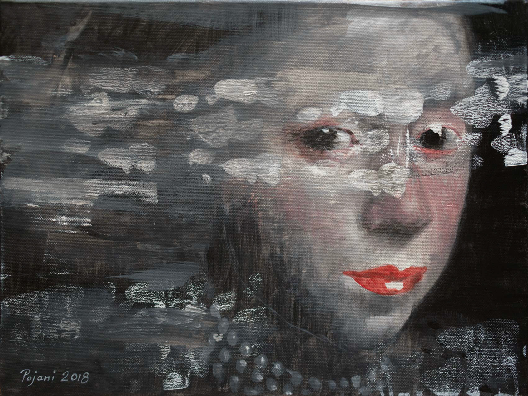 Lady in black, white and red. 2018. Acrylic on canvas, 12 x 16 x 1.3 in, (30.4 x 40.6 x 3.4 cm)