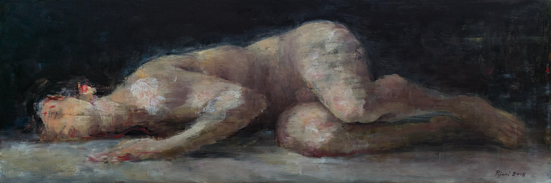 Reclining male nude. 2018. Oil on canvas, 12 x 36 in, (30.4 x 91.4 cm)
