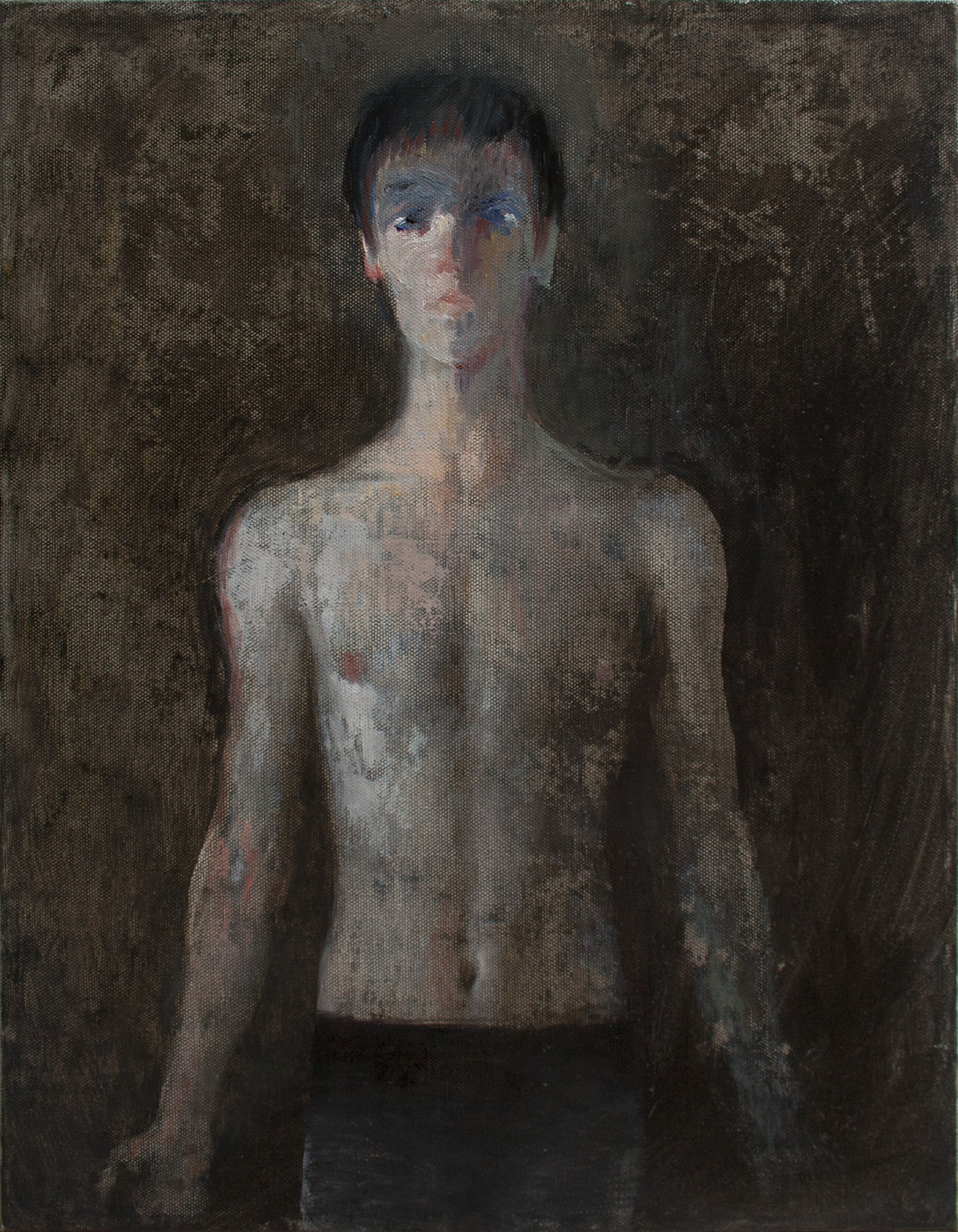 Shirtless young man, 2014, oil on canvas, 18 x 14 inches, (45.7 x 35 cm)
