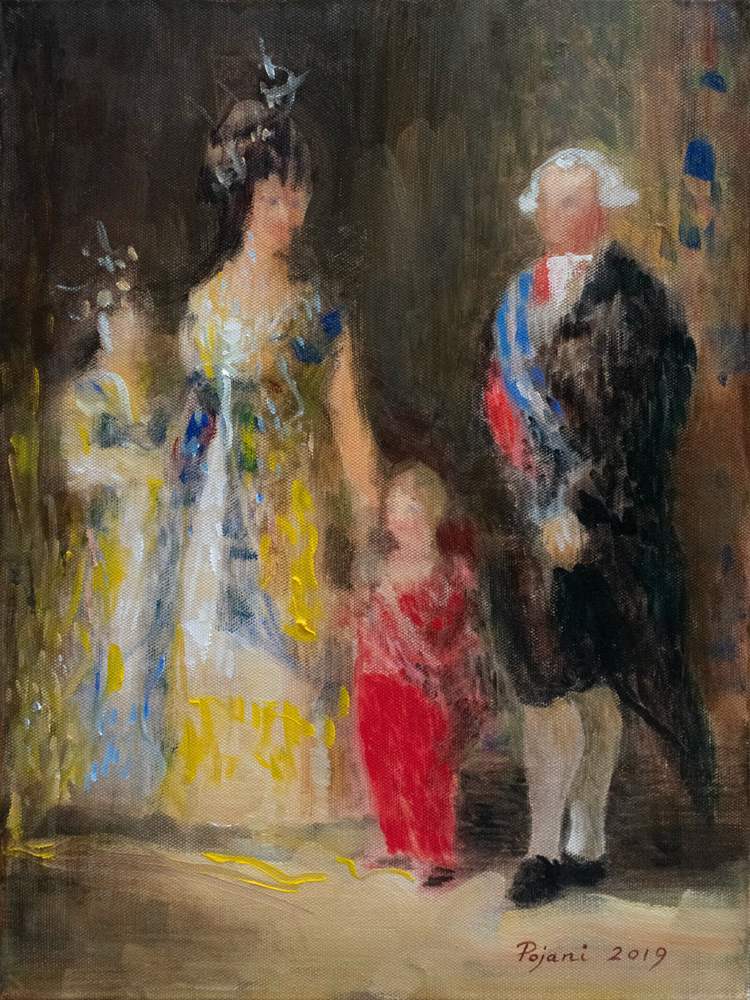 Family (after Goya). 2019. Oil on canvas, 16 x 12 x 1.4 in, (40.6 x 30.4 x 3.5 cm)