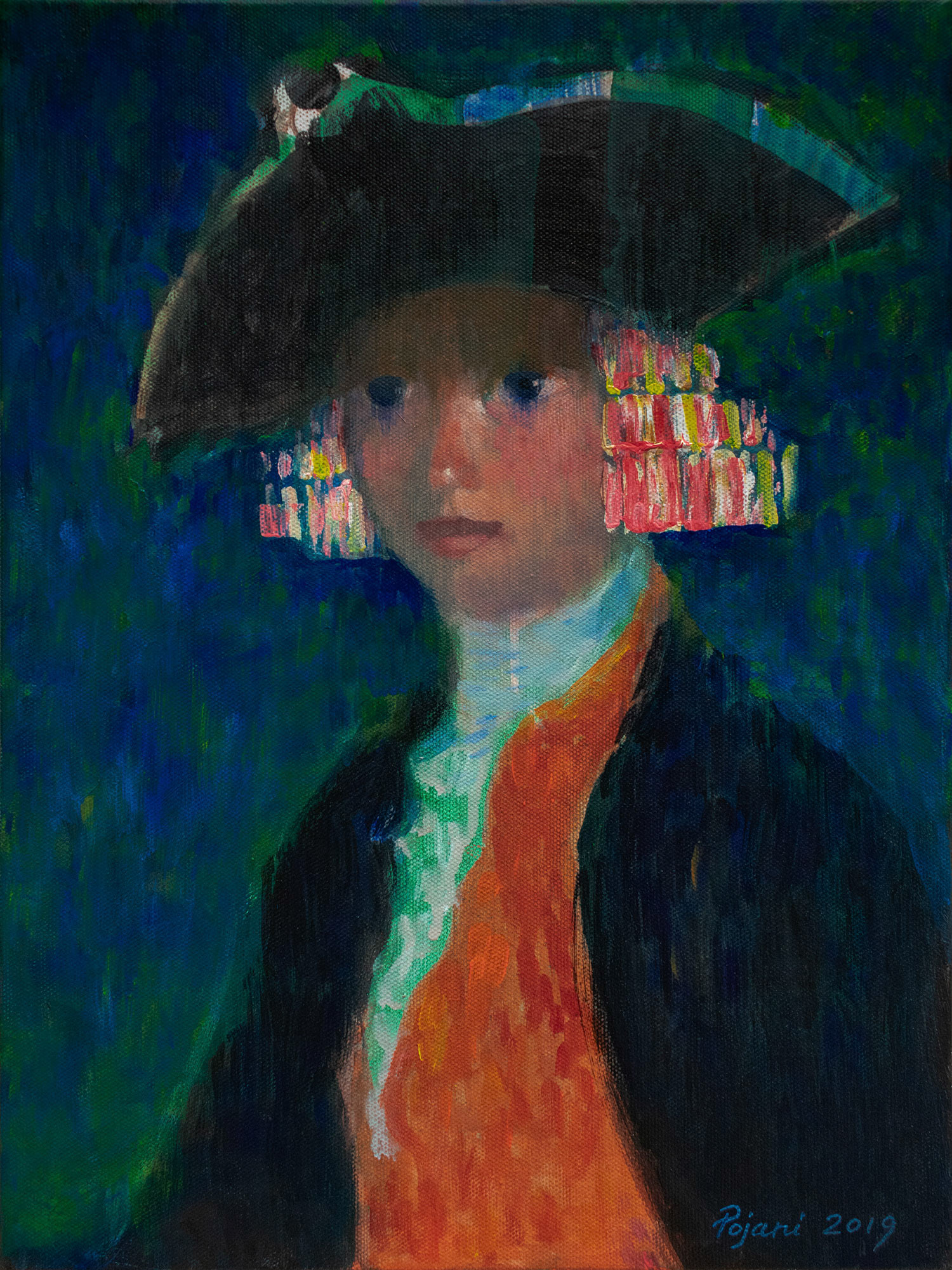 Young man in a historical costume. 2019. Acrylic on canvas, 16 x 12 x 1.3 in, (40.6 x 30.4 x 3.4 cm)