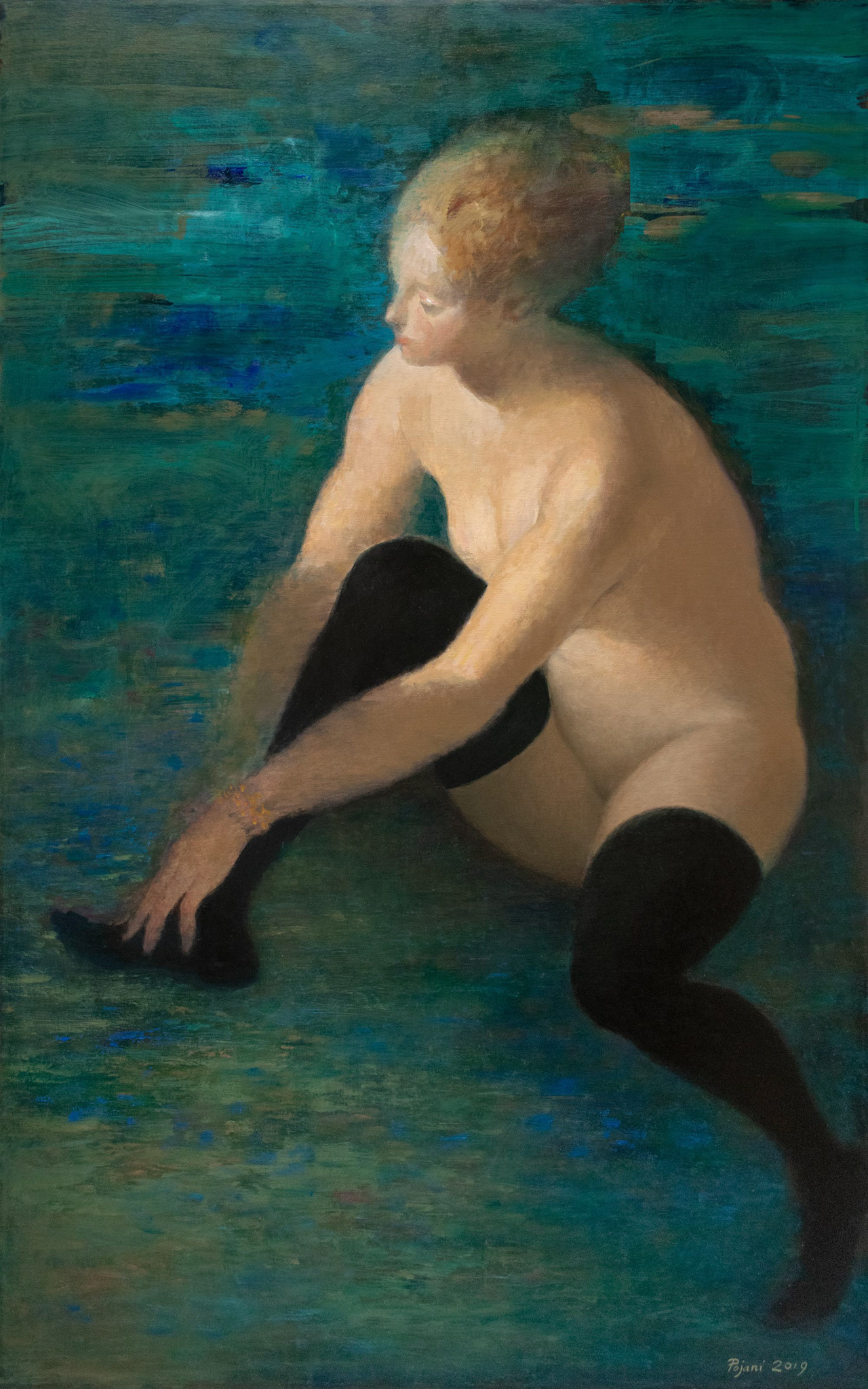 Young woman with black stockings. 2019, (after Tintoretto's Susanna and the elders). Oil on canvas, 48 x 30 x 0.8 inches, (122 x 76.2 x 2 cm)