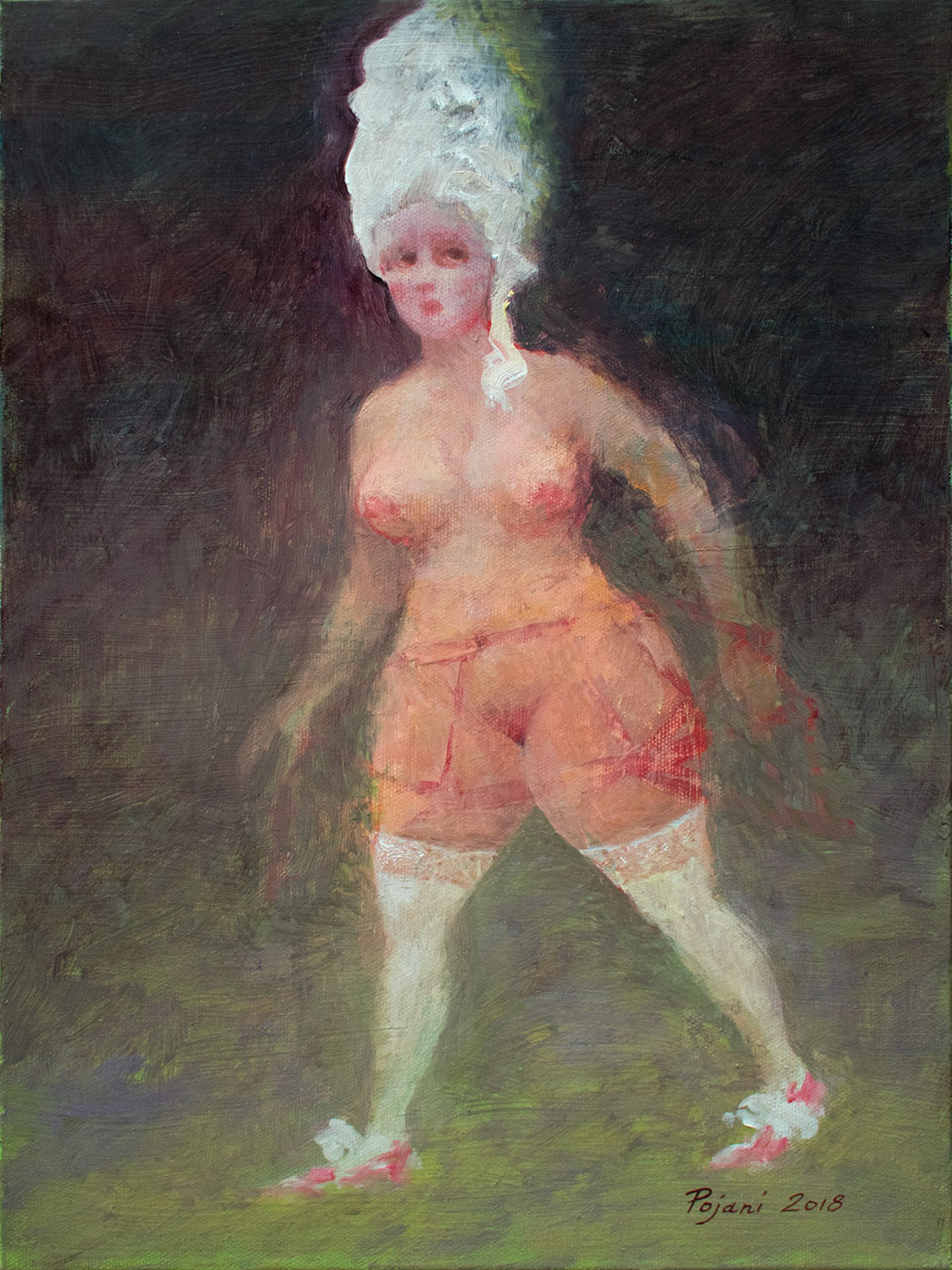 Woman in a baroque wig. 2018. Oil on canvas, 16 x 12 x 1.3 in, (40.6 x 30.4 x 3.4 cm).
