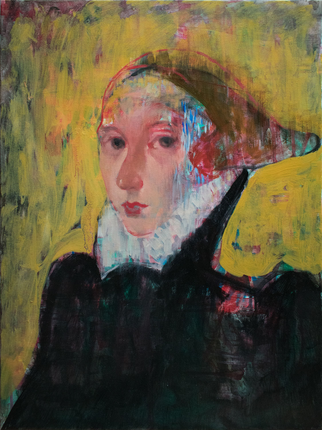 Lady with a cap. 2017, oil and acrylic on canvas, 24 x 18 x 0.7 inches, (61 x 45.7 x 1.8 cm). From the Series inspired by the Great Masters