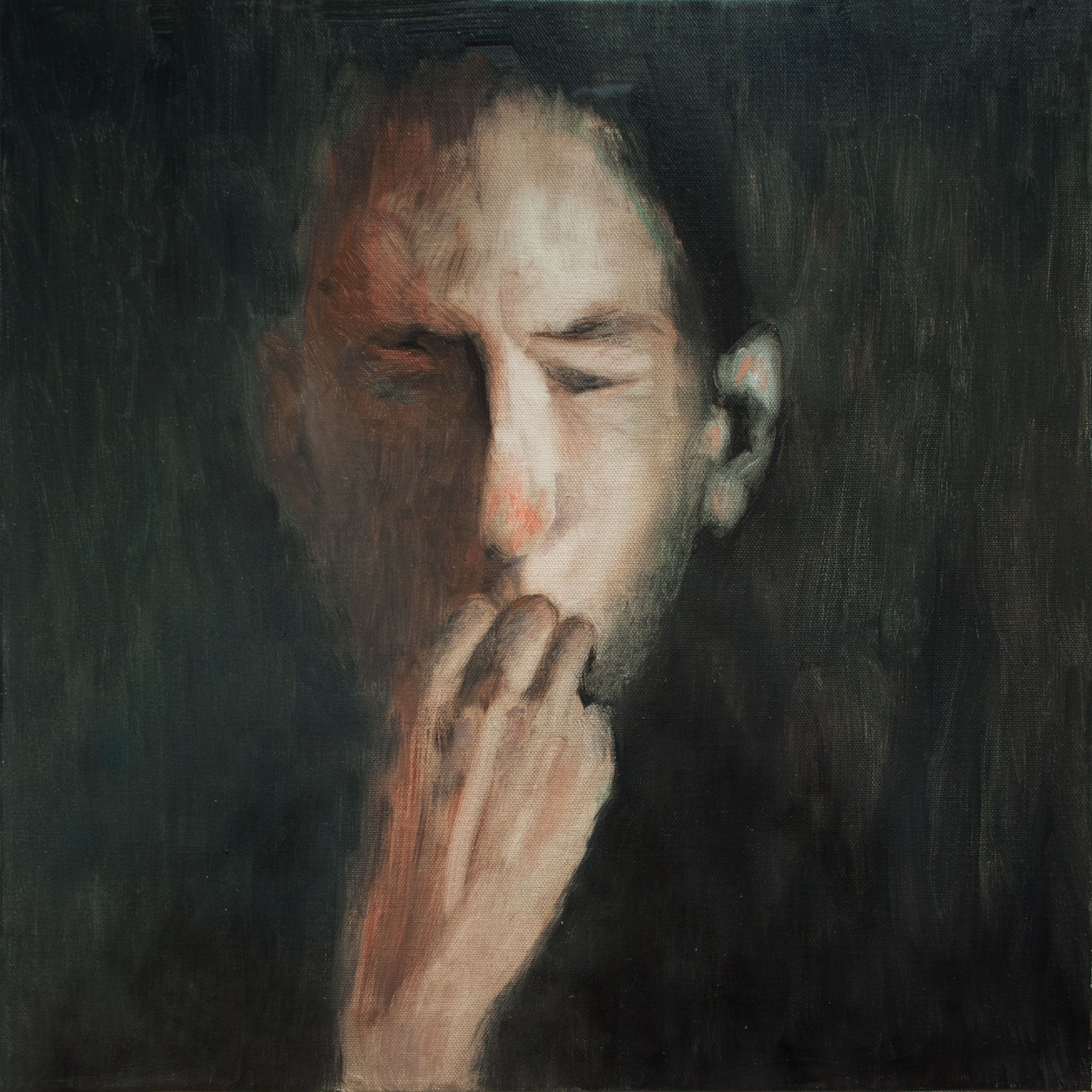 Man with hand over his mouth. 2014. Oil on canvas, 18 x 18 inches, (45.7 x 45.7 cm).