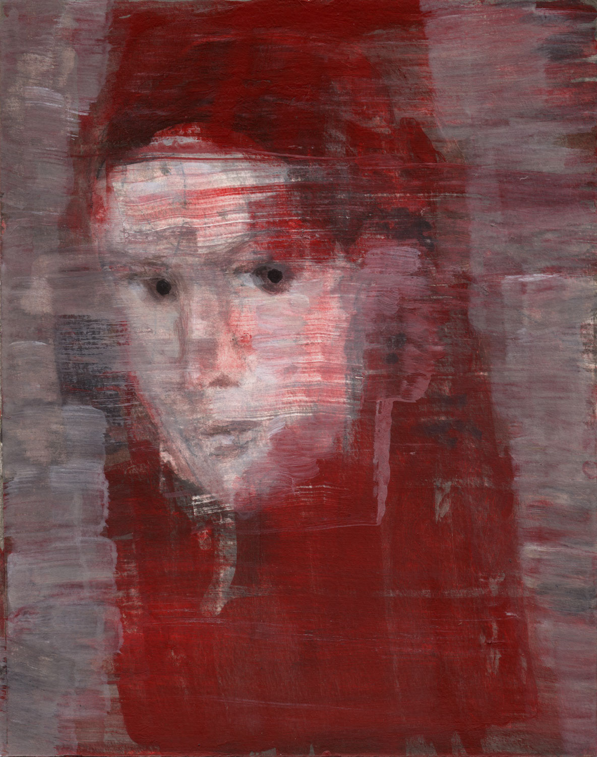 Young woman in red scarf, 2016, acrylic on Canson Art Board, approx. 10 x 8 inches, (25.4 x 20.3 cm)