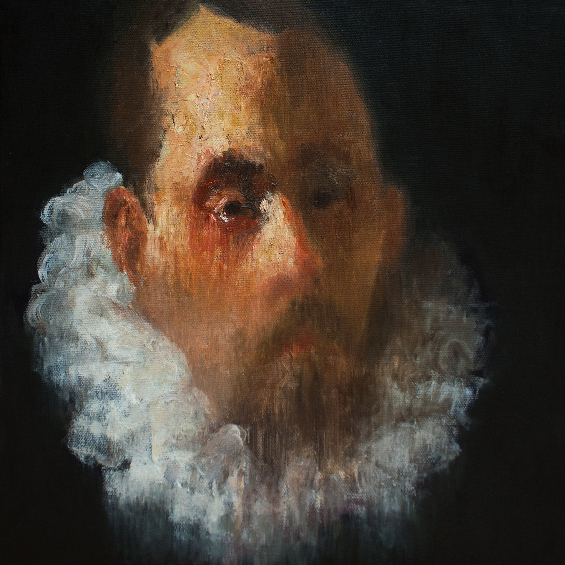 Portrait of a bearded man. Contemporary Version of the “Portrait of a man with a goatee” by Velazquez. 2014. Oil on canvas. 12 x 12 inches,  From the Series inspired by the Great Masters.