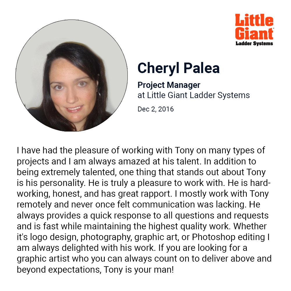 I have had the pleasure of working with Tony on many types of projects and I am always amazed at his talent. In addition to being extremely talented, one thing that stands out about Tony is his personality. He is truly a pleasure to work with. He is hardworking, honest, and has great rapport. I mostly work with Tony remotely and never once felt communication was lacking. He always provides a quick response to all questions and requests and is fast while maintaining the highest quality work. Whether it's logo design, photography, graphic art, or Photoshop editing I am always delighted with his work. If you are looking for a graphic artist who you can always count on to deliver above and beyond expectations, Tony is your man!